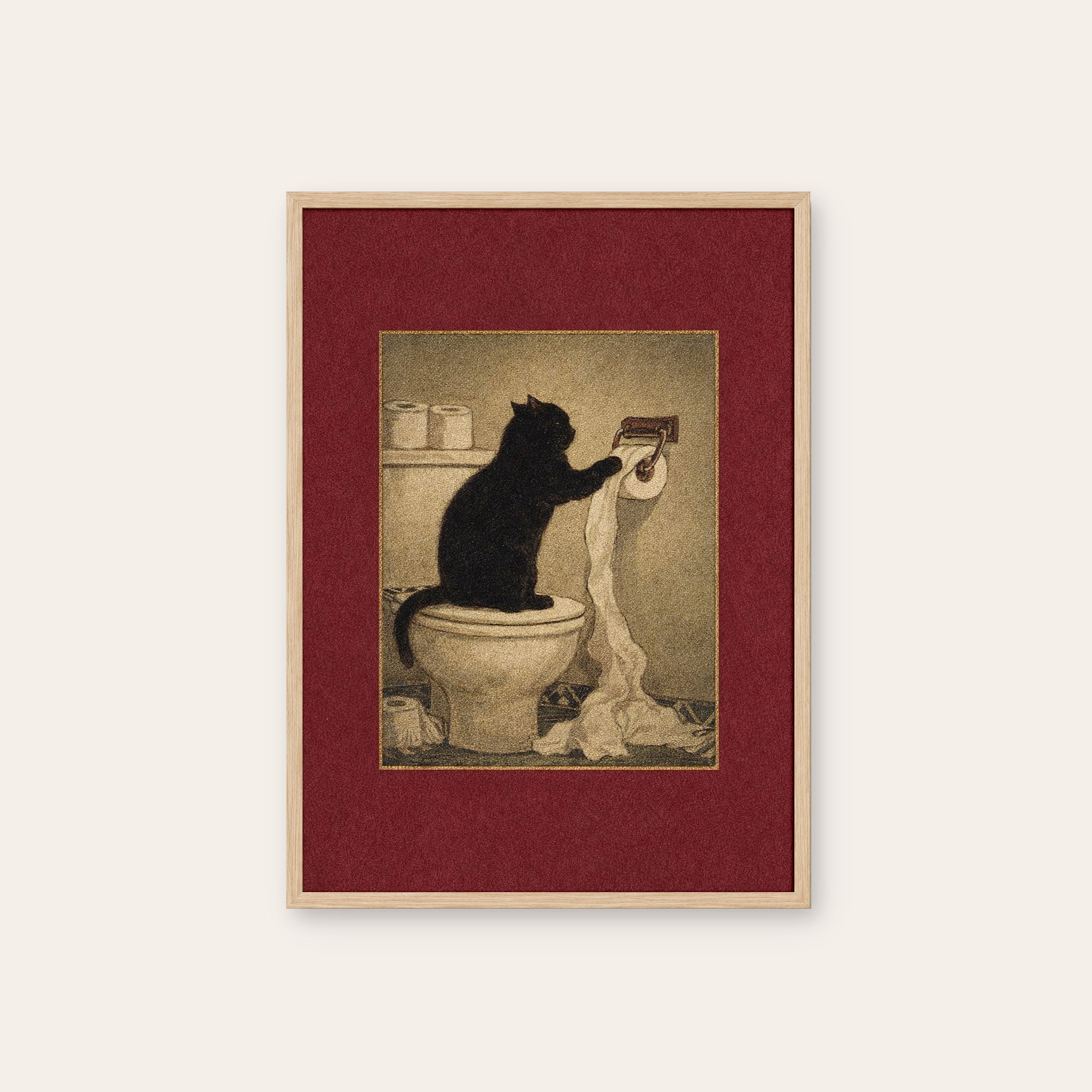 The Unroller — Cat Mischief Print – natural wood frame