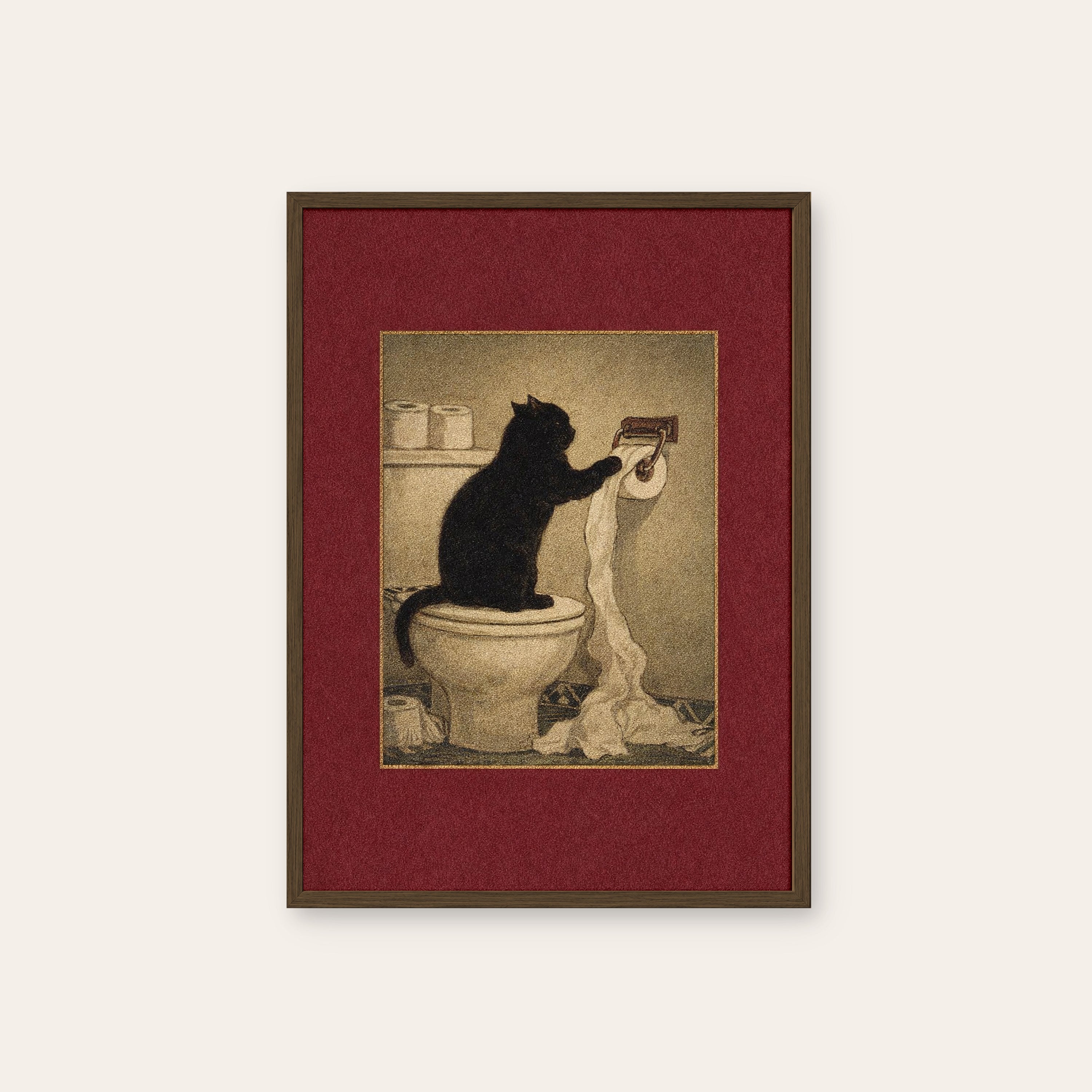 The Unroller — Cat Mischief Print – dark wood frame