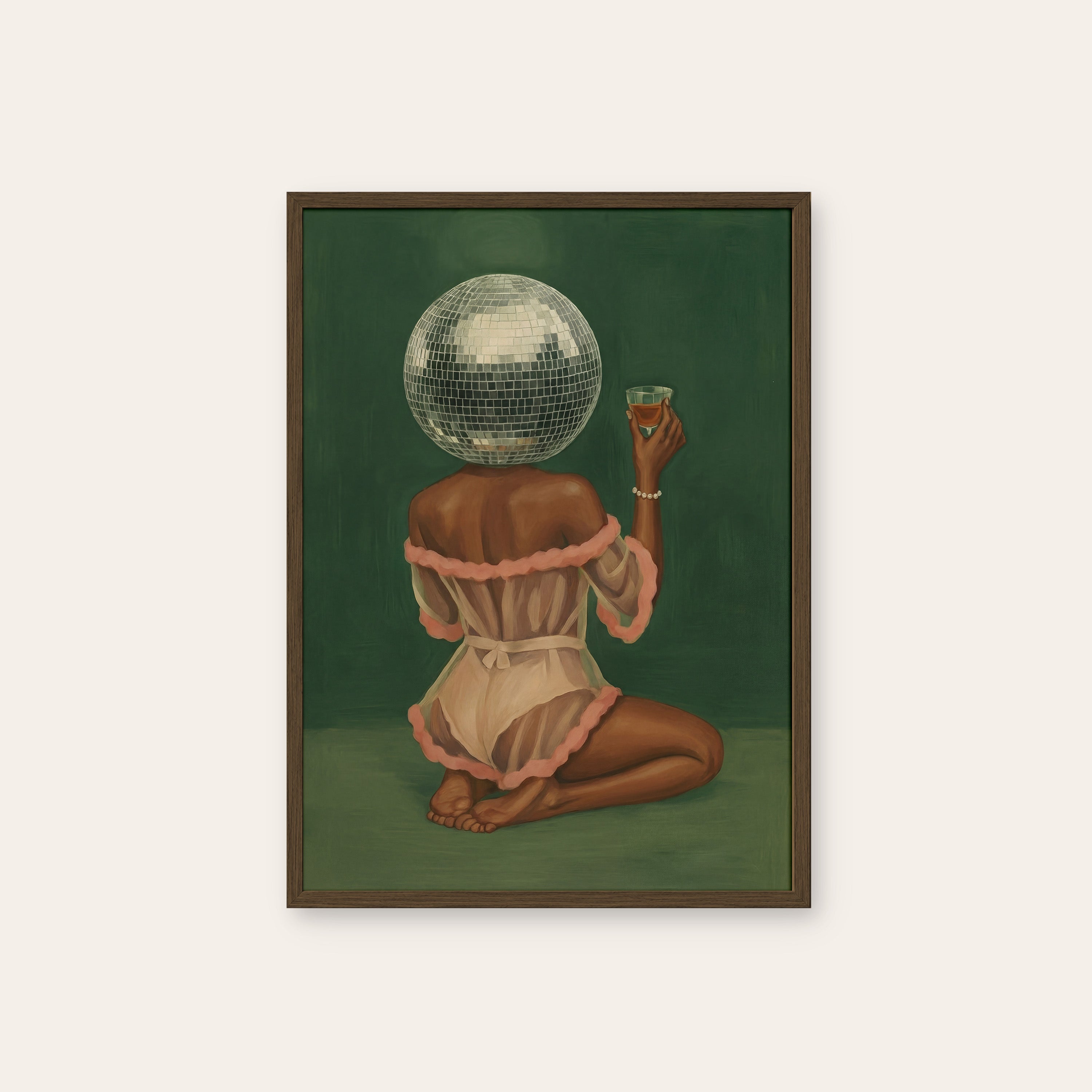 Disco Rosé — Pink Party Print – dark wood frame