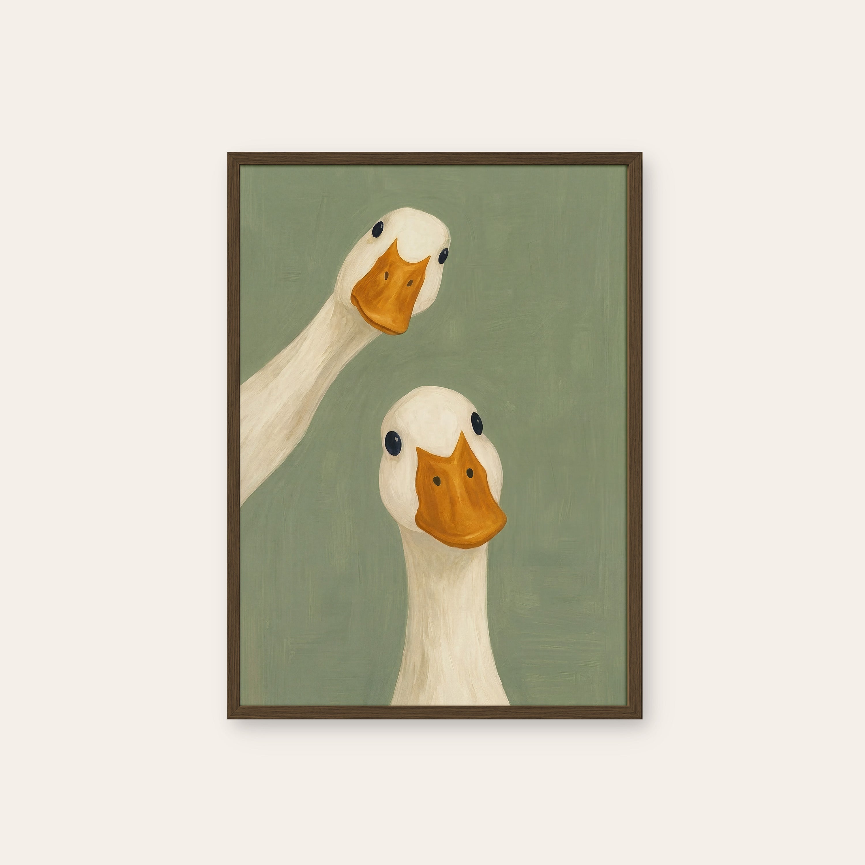Double Take — Goose Pair Print – dark wood frame