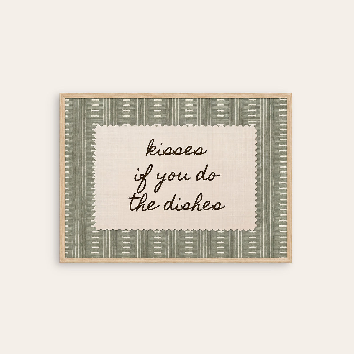 Kisses for Dishes - Sage Dash-Stripe Print - natural wood frame