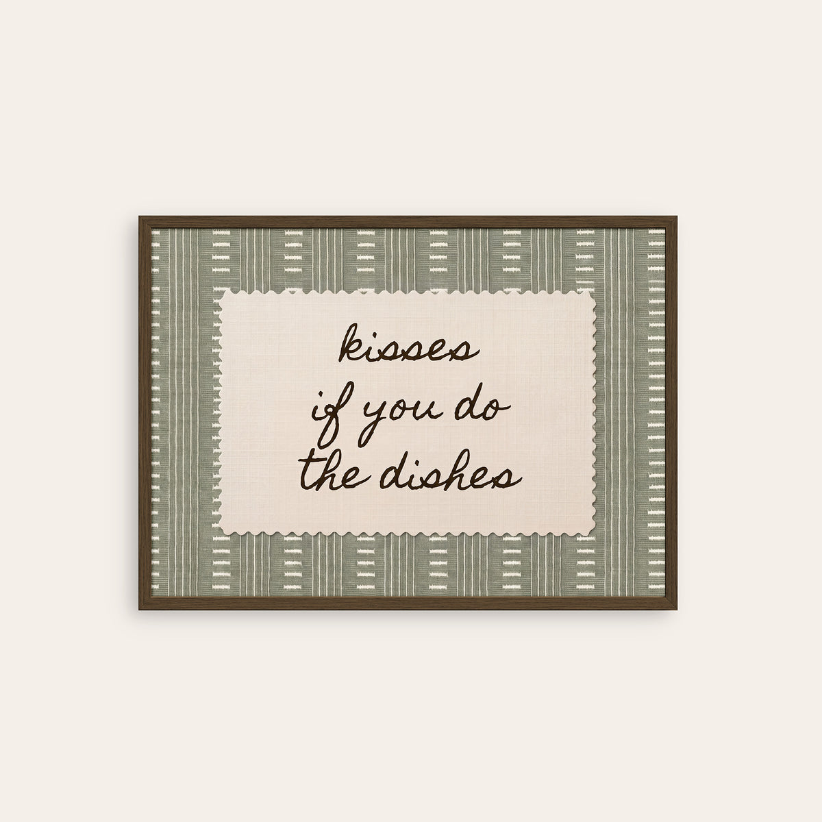 Kisses for Dishes - Sage Dash-Stripe Print - dark wood frame