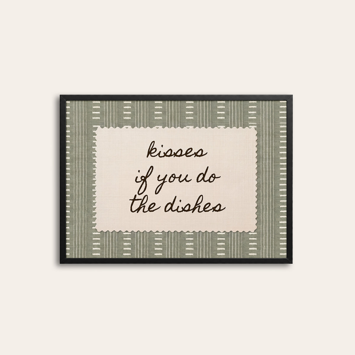 Kisses for Dishes - Sage Dash-Stripe Print - black frame
