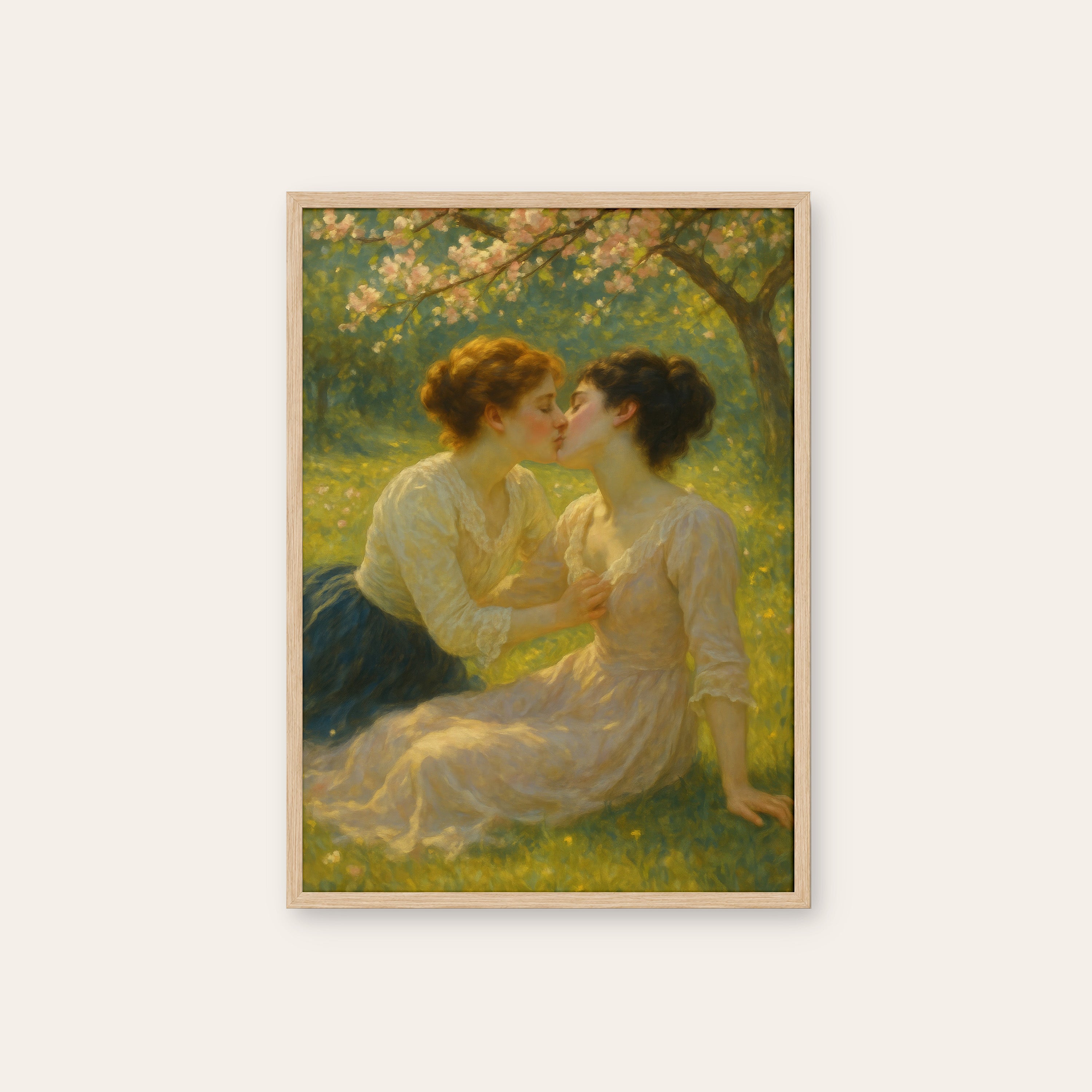 Orchard Kiss — Romantic Art Print – natural wood frame