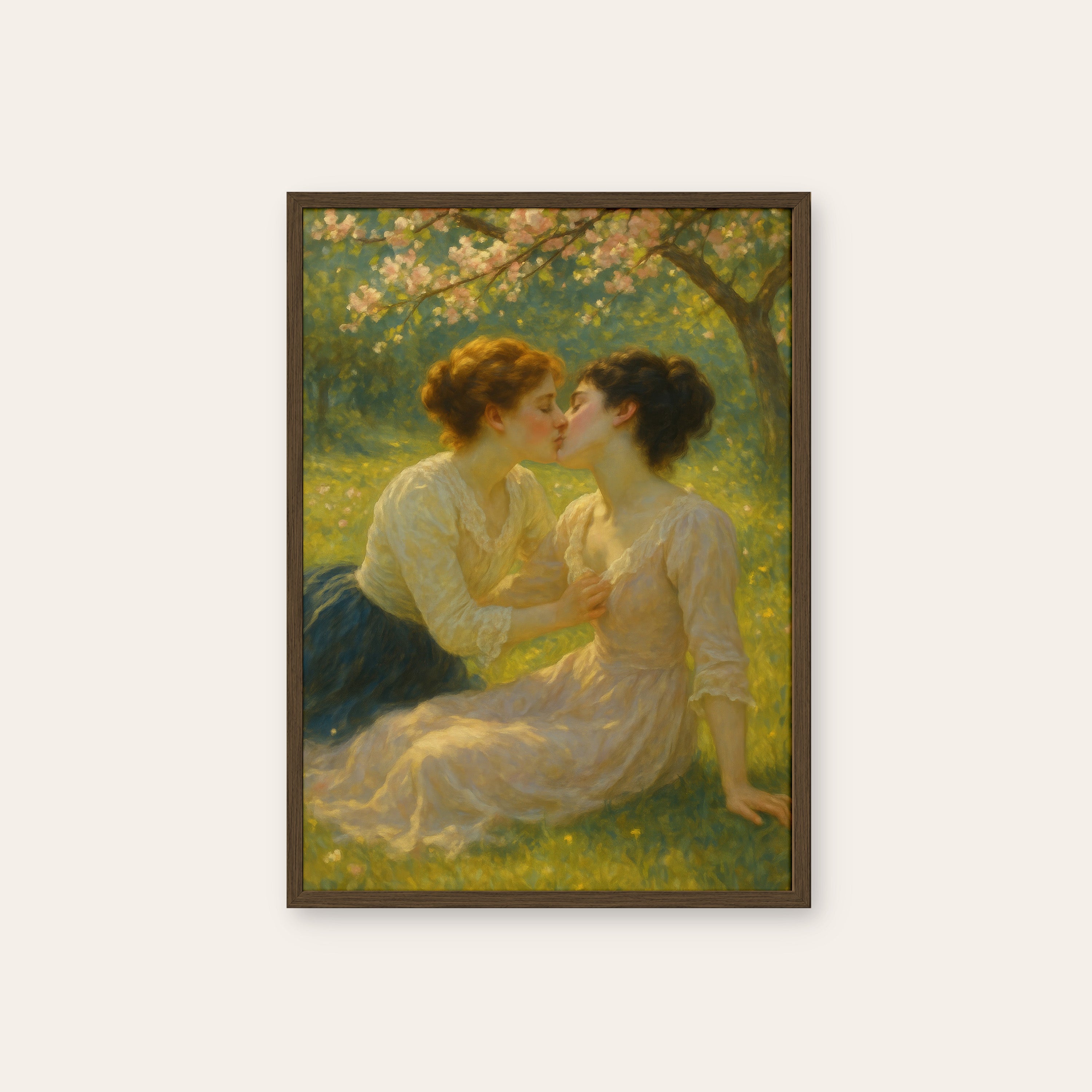 Orchard Kiss — Romantic Art Print – dark wood frame