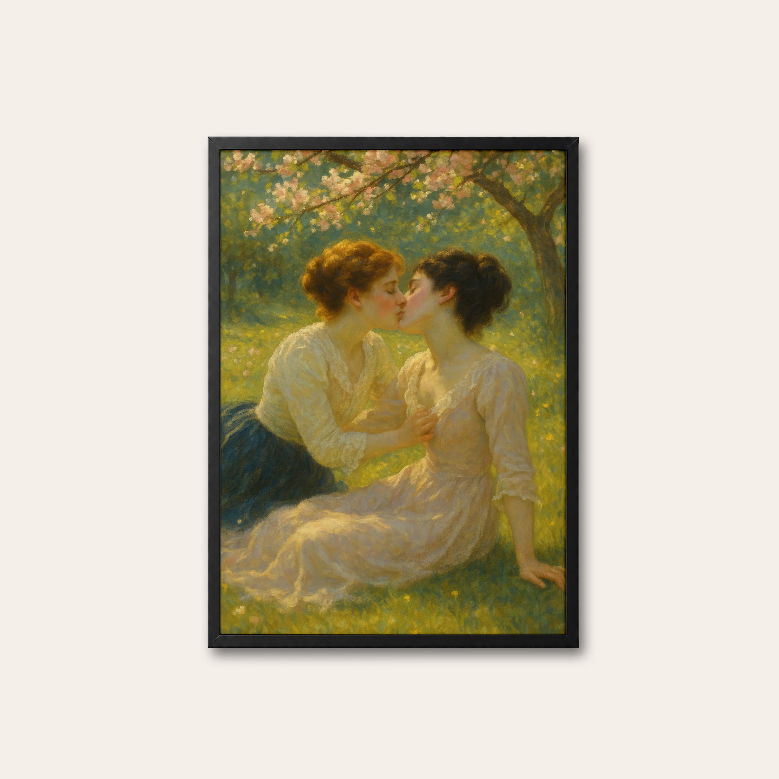 Orchard Kiss — Romantic Art Print – black frame