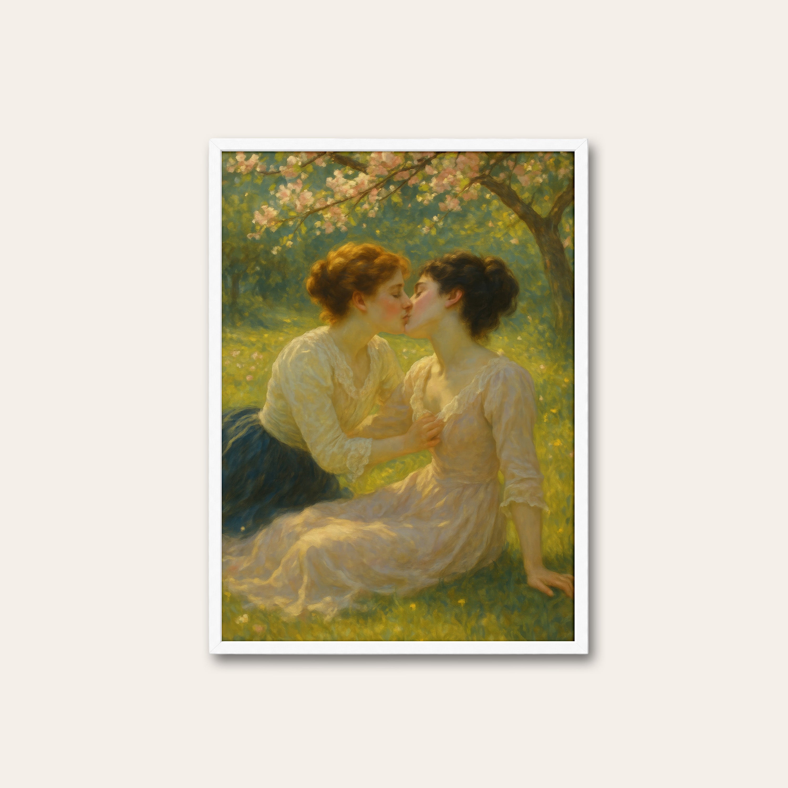 Orchard Kiss — Romantic Art Print – white frame