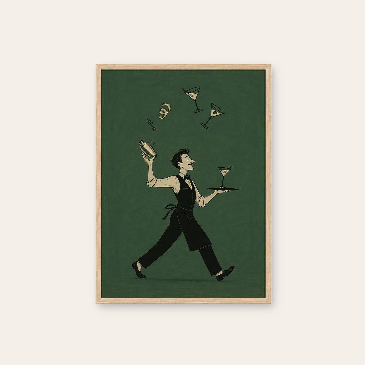 Service with a Spin - Cocktail Waiter Print - natural wood frame