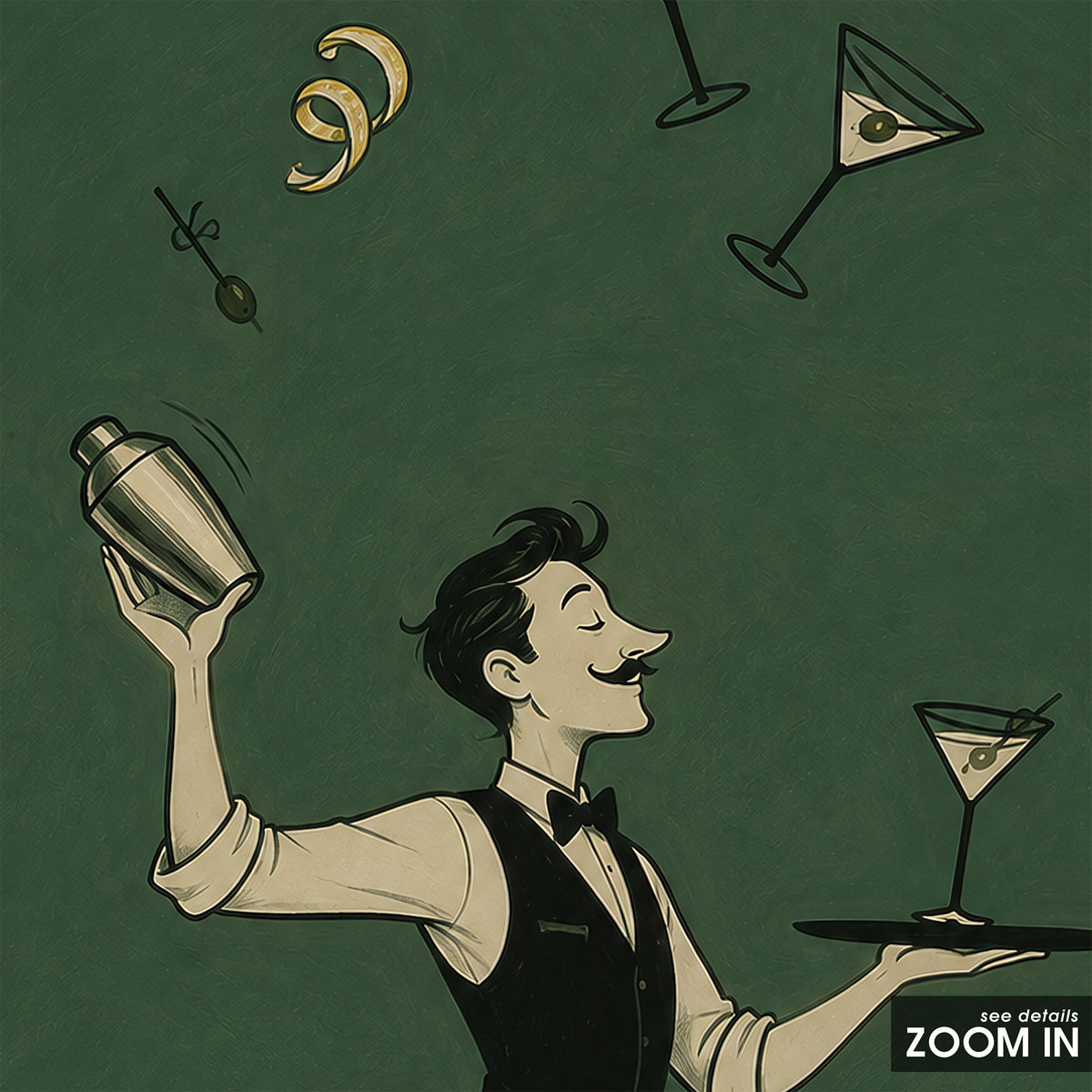 Service with a Spin - Cocktail Waiter Print - artwork detail