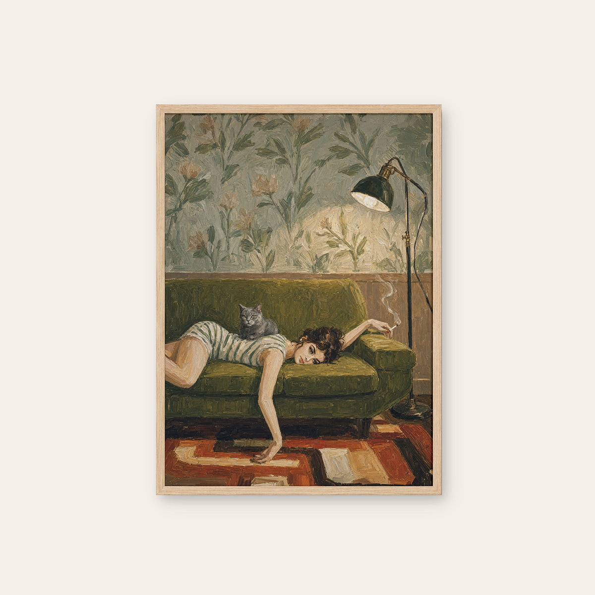 Booked for Nothing - Sofa and Cat Print - natural wood frame