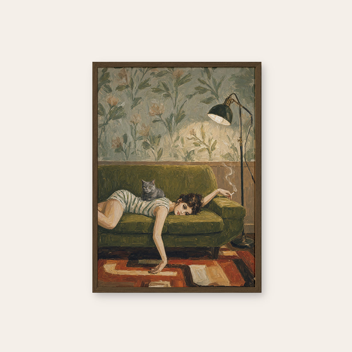 Booked for Nothing - Sofa and Cat Print - dark wood frame