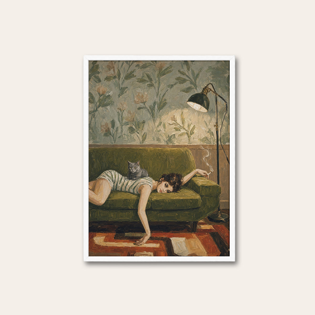 Booked for Nothing - Sofa and Cat Print - white frame