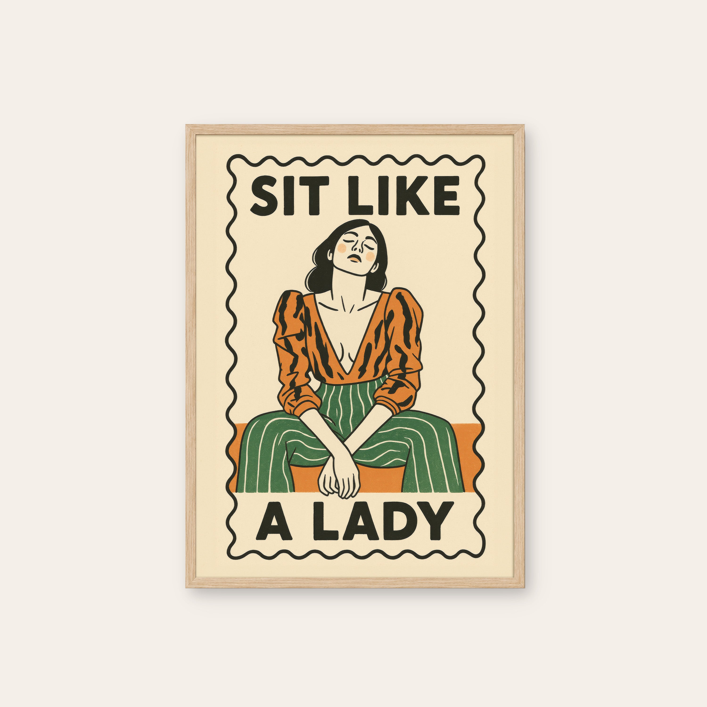 Sit Like a Lady — Orange Blouse Print – natural wood frame