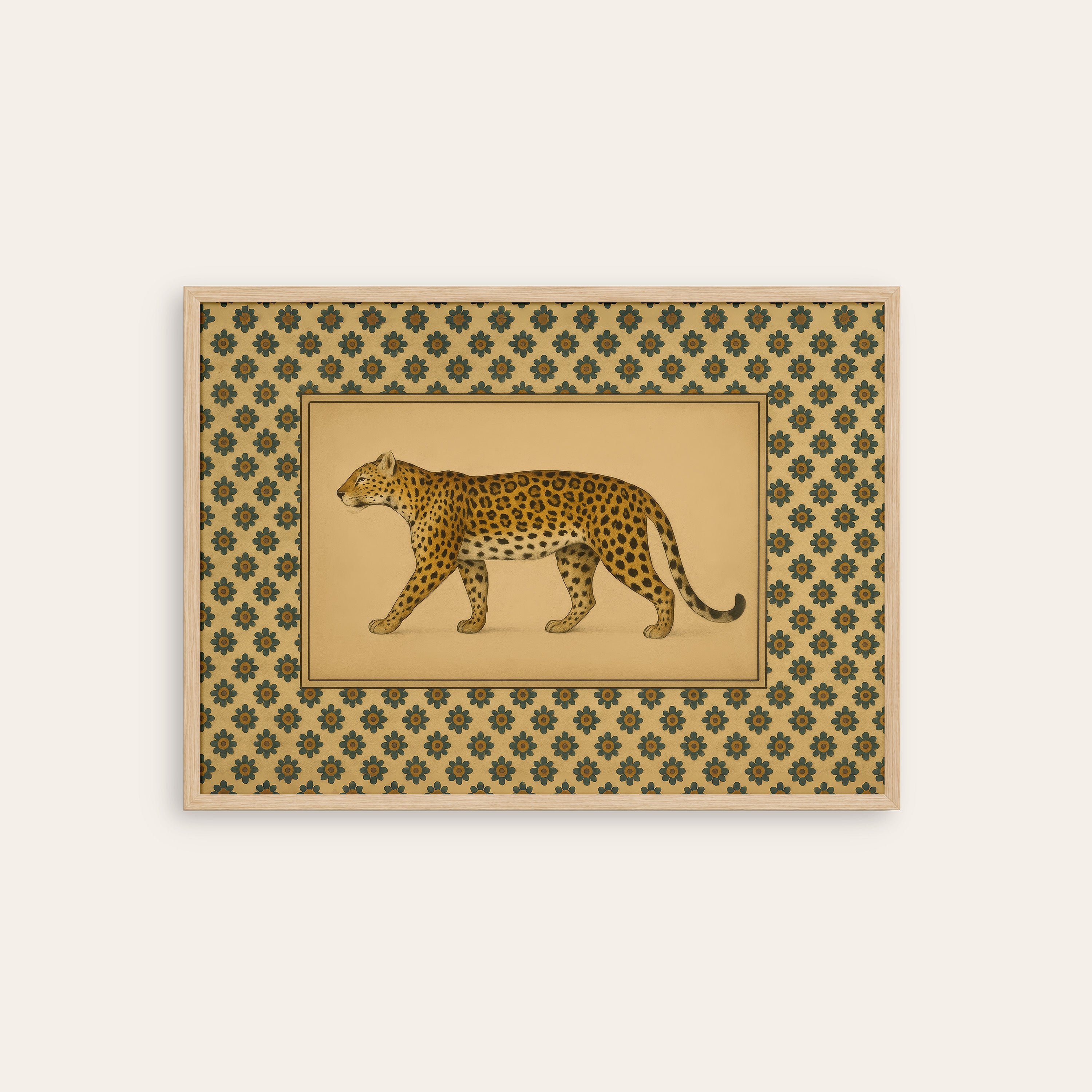 Prowling Leopard — Vintage Pattern Print – natural wood frame