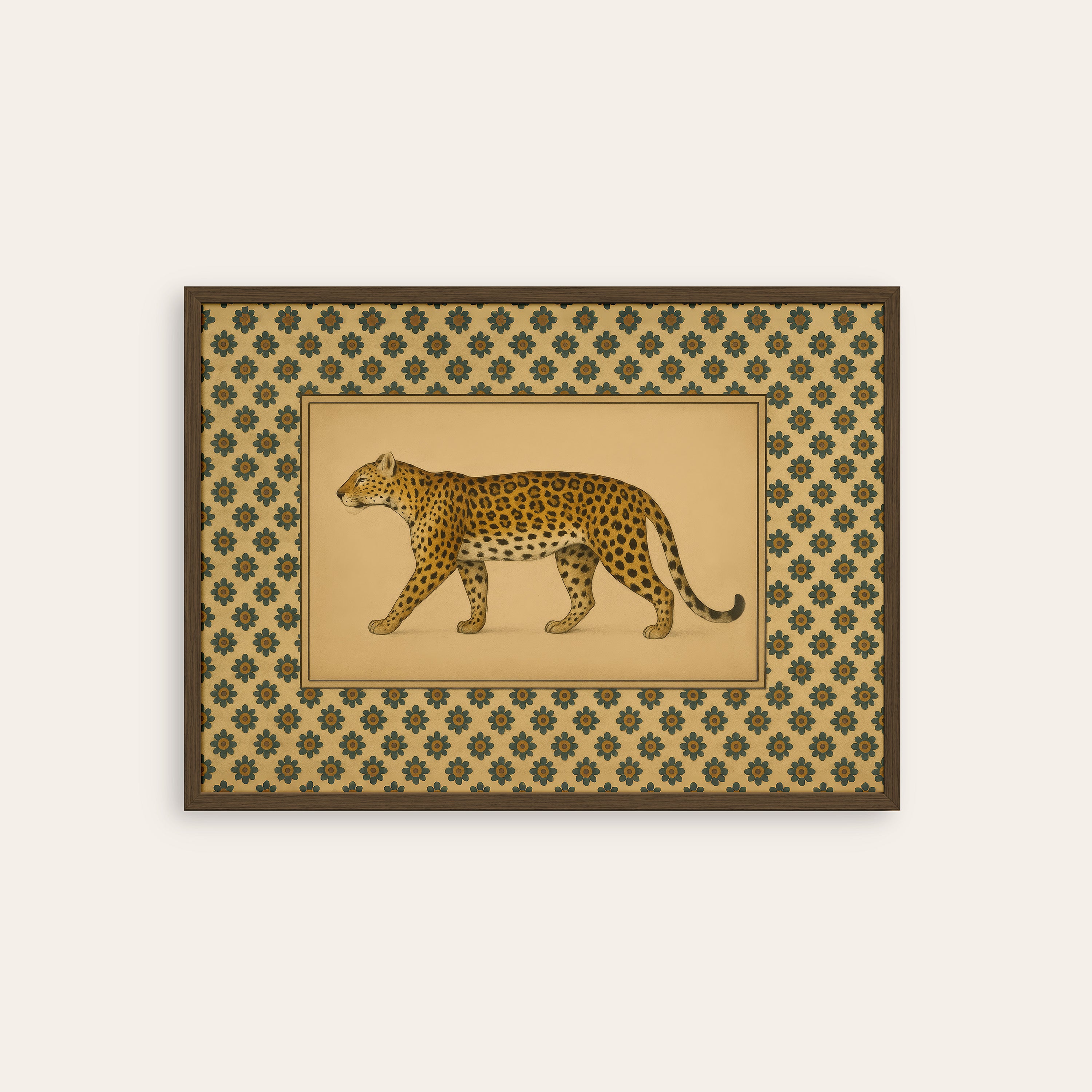 Prowling Leopard — Vintage Pattern Print – dark wood frame