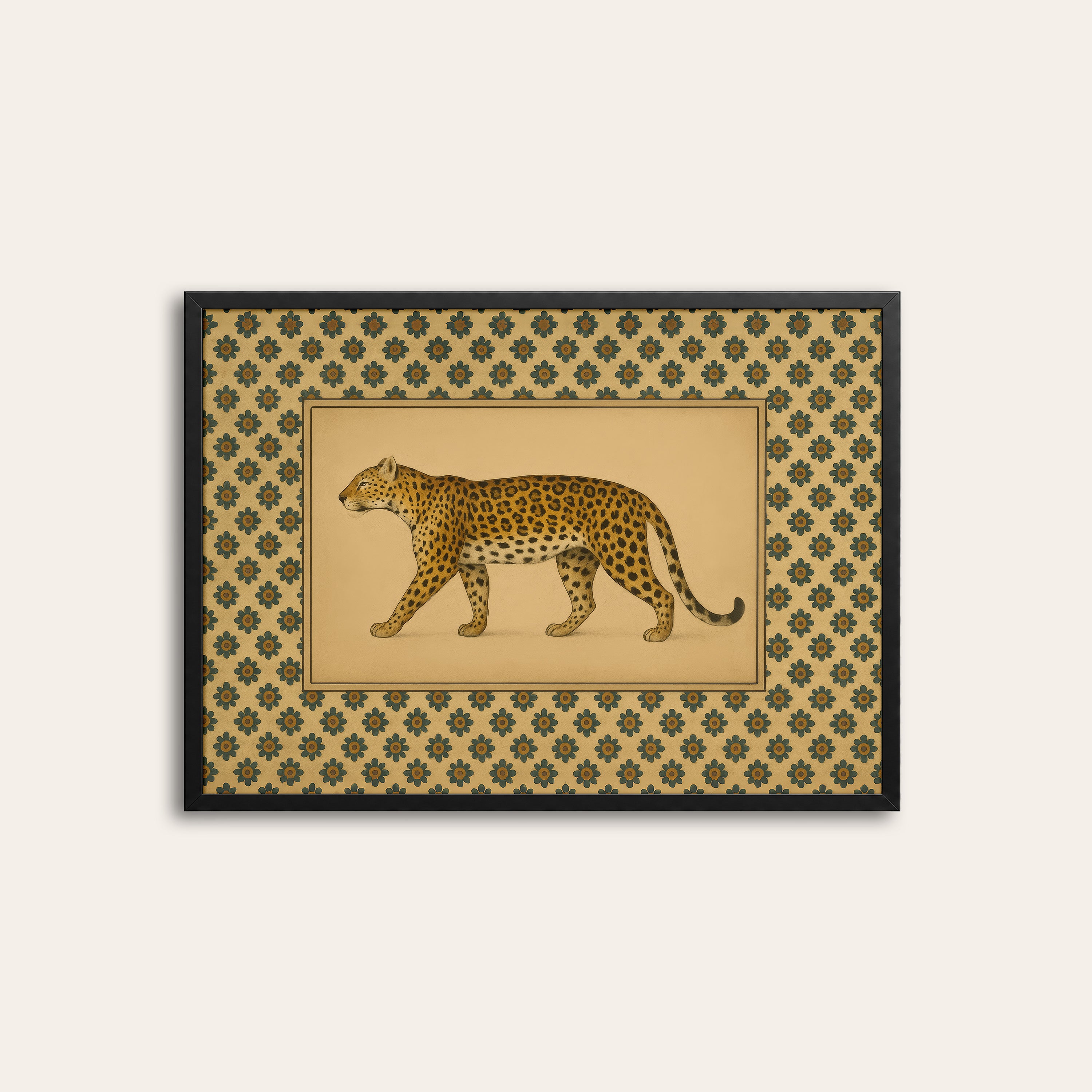 Prowling Leopard — Vintage Pattern Print – black frame