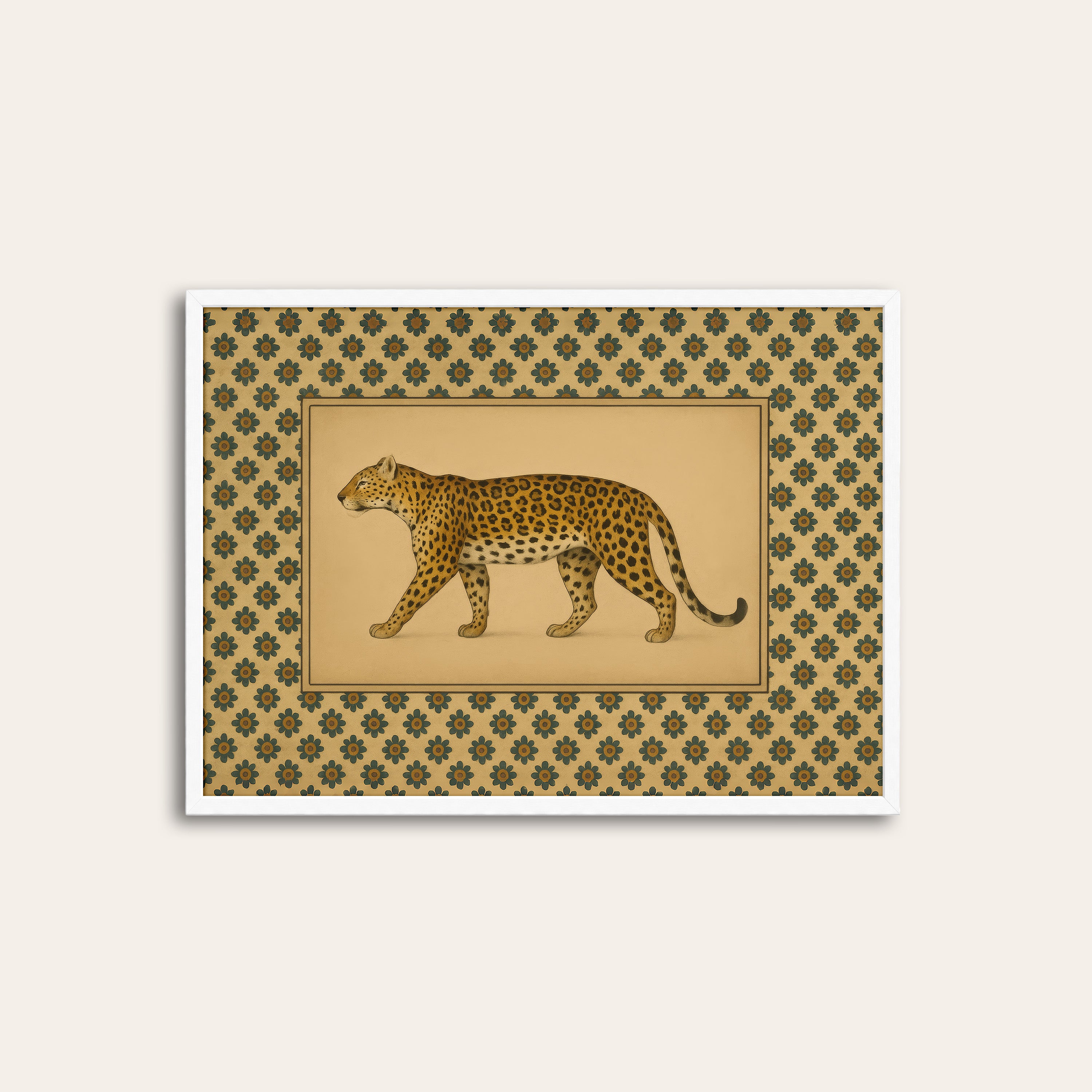 Prowling Leopard — Vintage Pattern Print – white frame