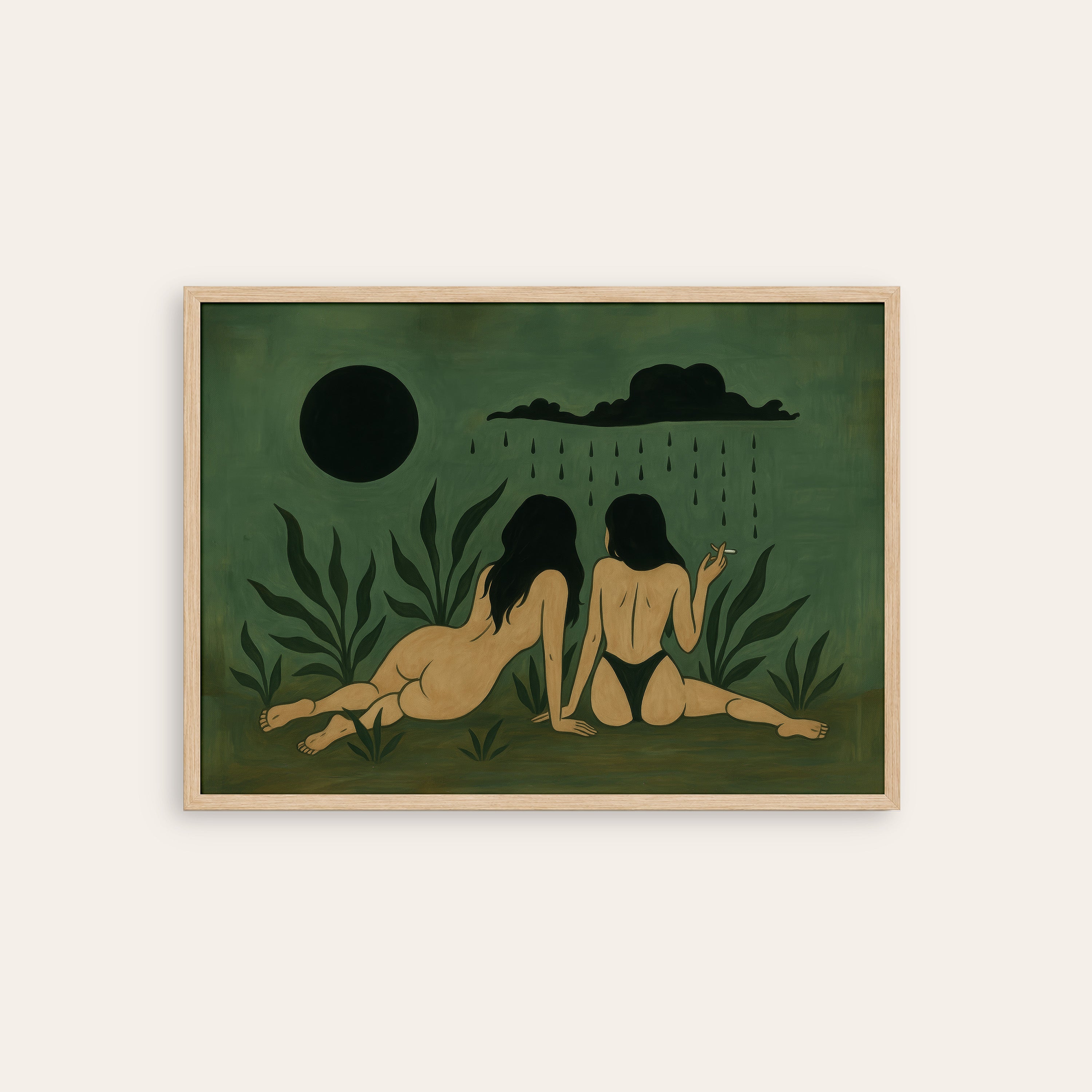After the Rain — Figures & Eclipse Print – natural wood frame