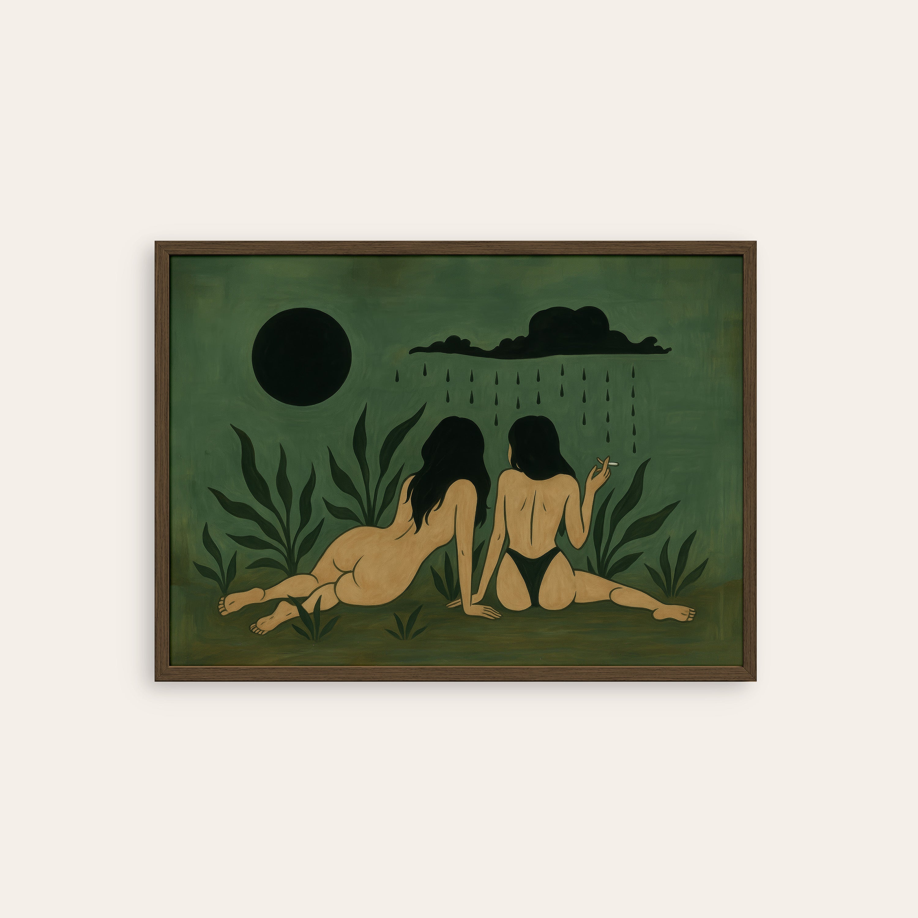 After the Rain — Figures & Eclipse Print – dark wood frame