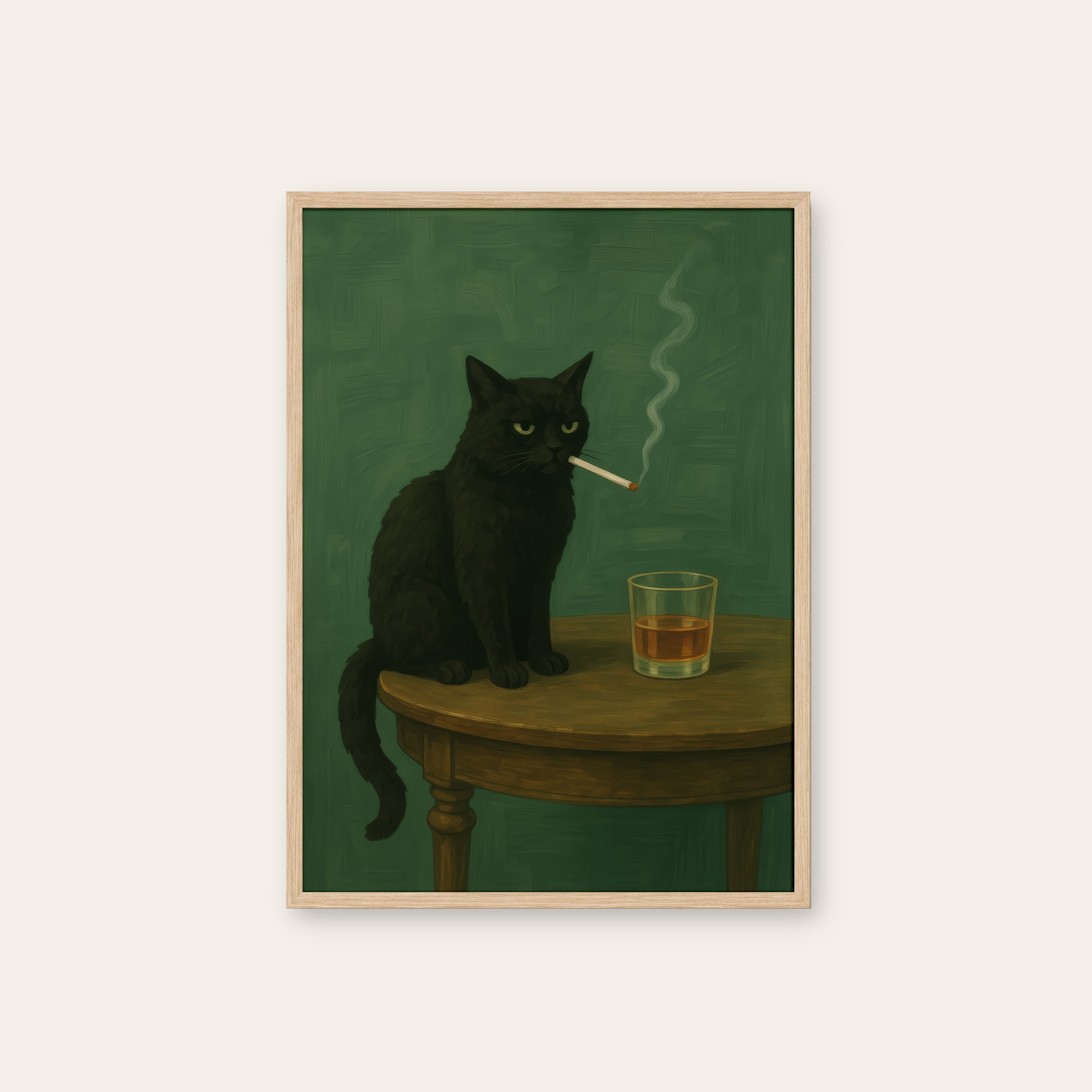 Bad Habits — Whiskey Cat Print – natural wood frame