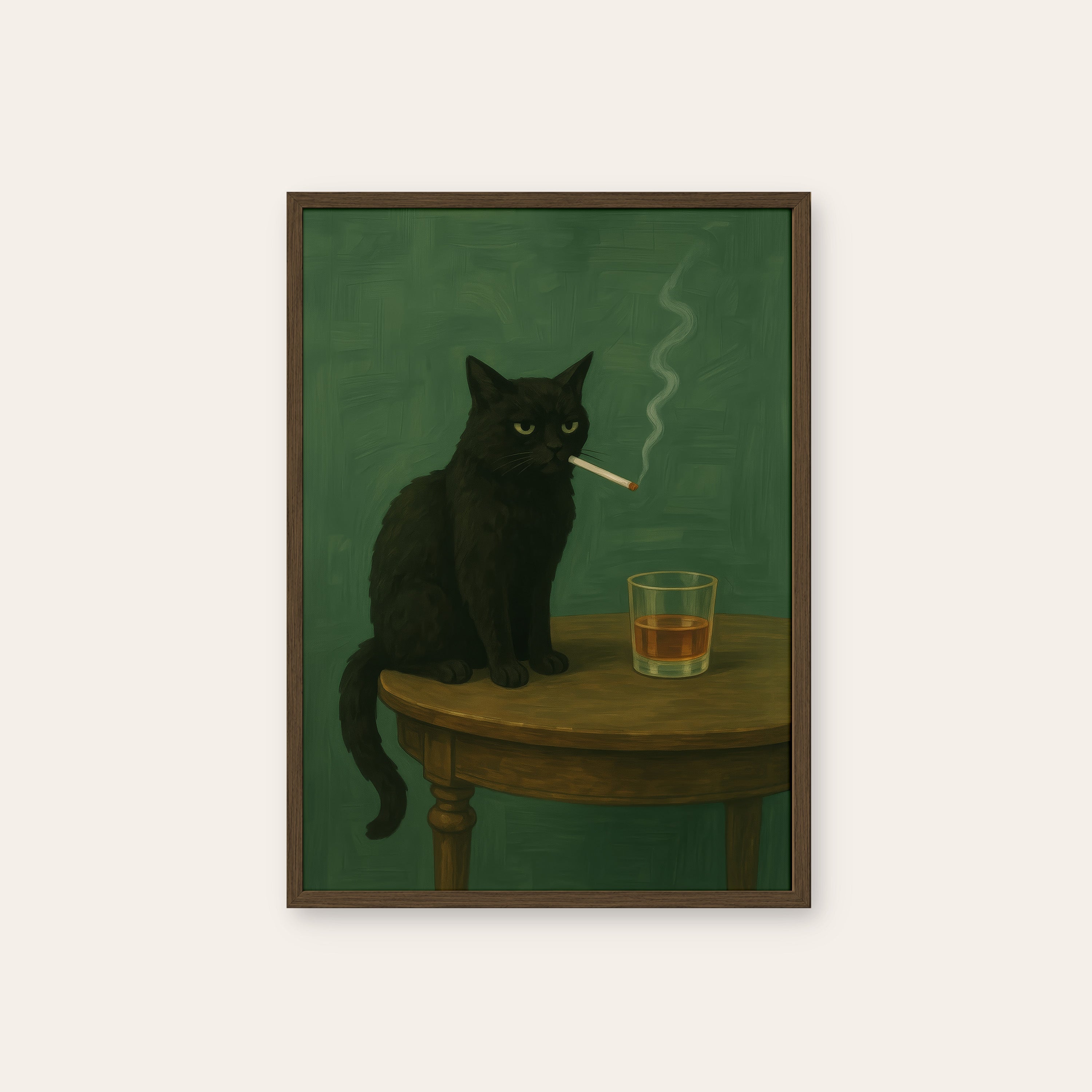 Bad Habits — Whiskey Cat Print – dark wood frame