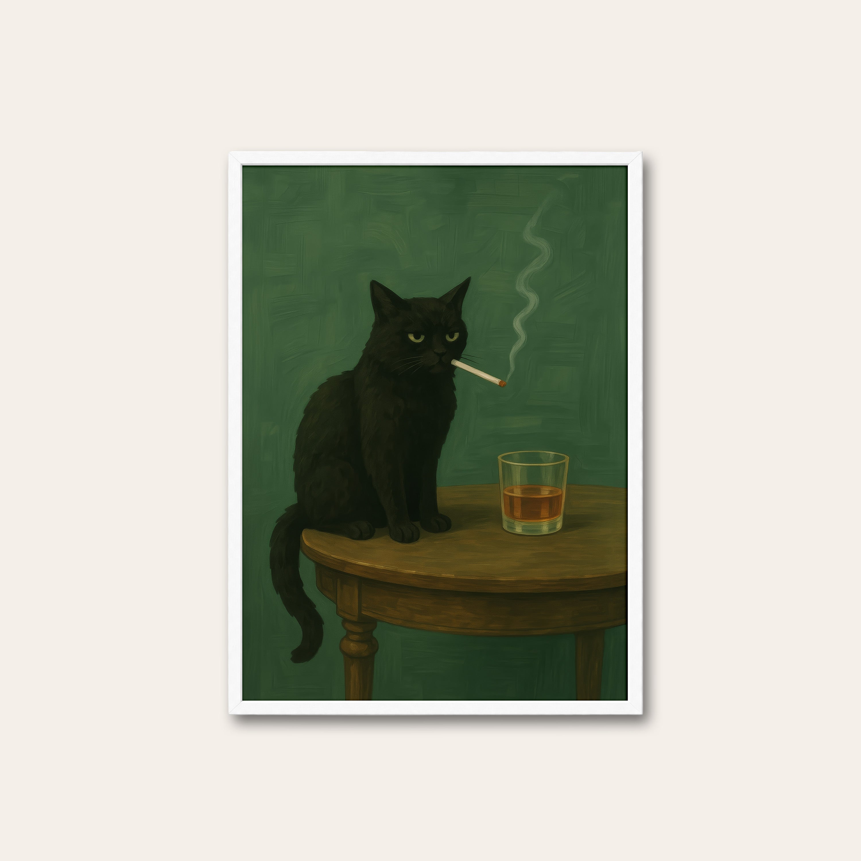 Bad Habits — Whiskey Cat Print – white frame