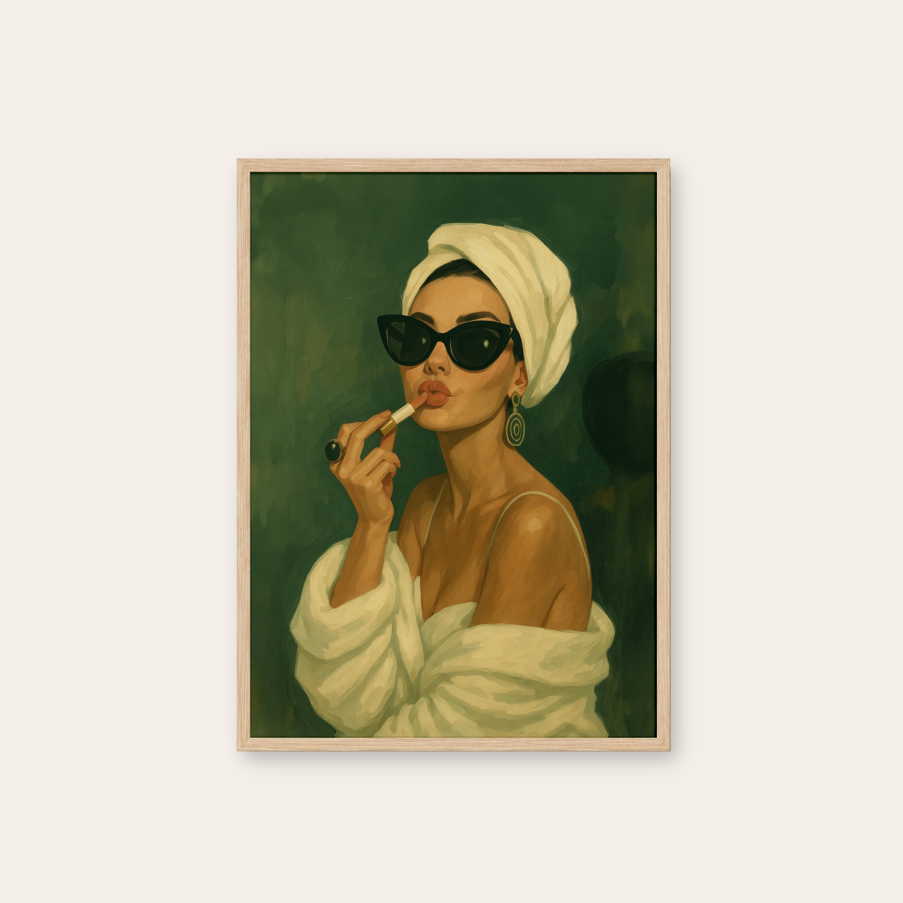 Getting Ready — Towel & Lipstick Print – natural wood frame