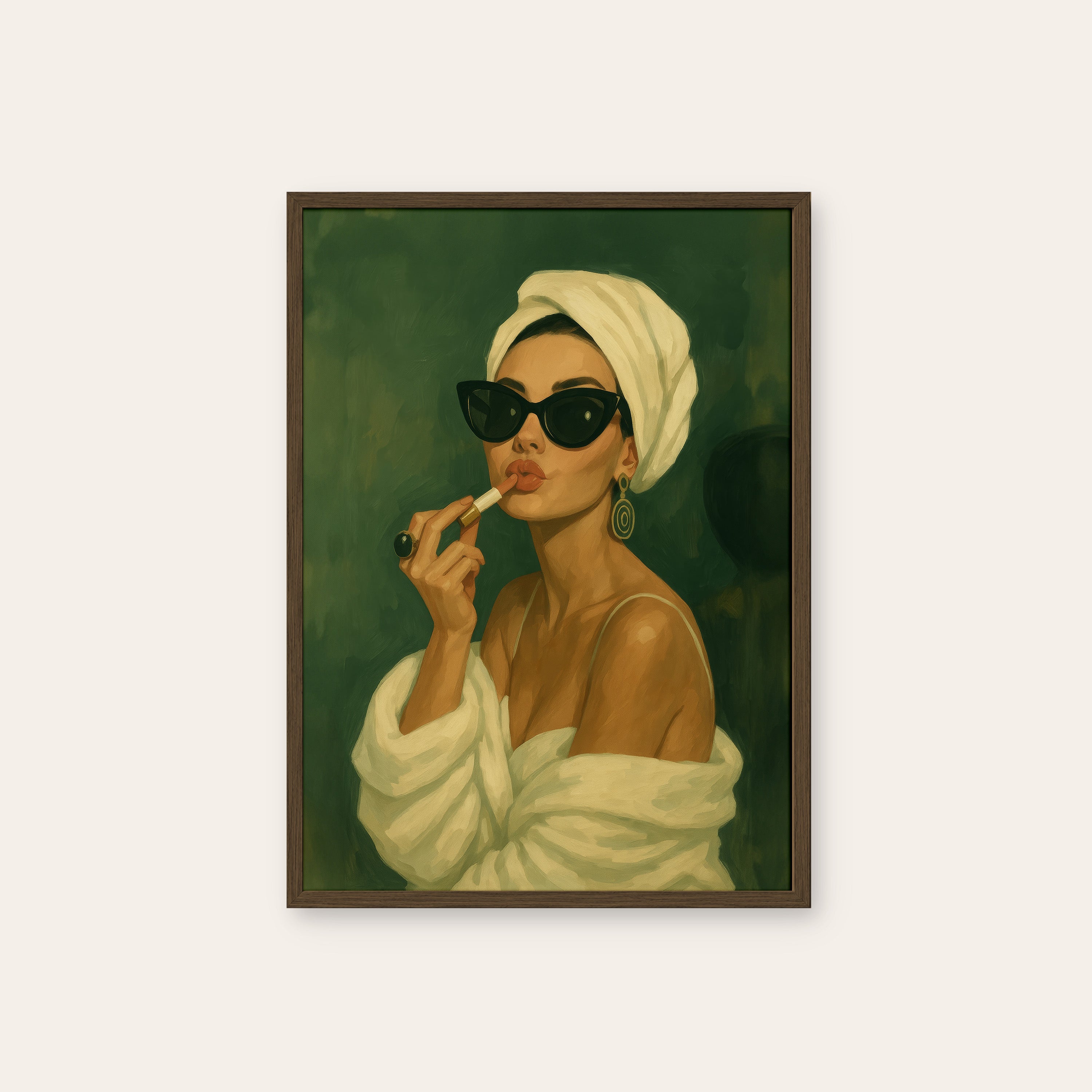 Getting Ready — Towel & Lipstick Print – dark wood frame