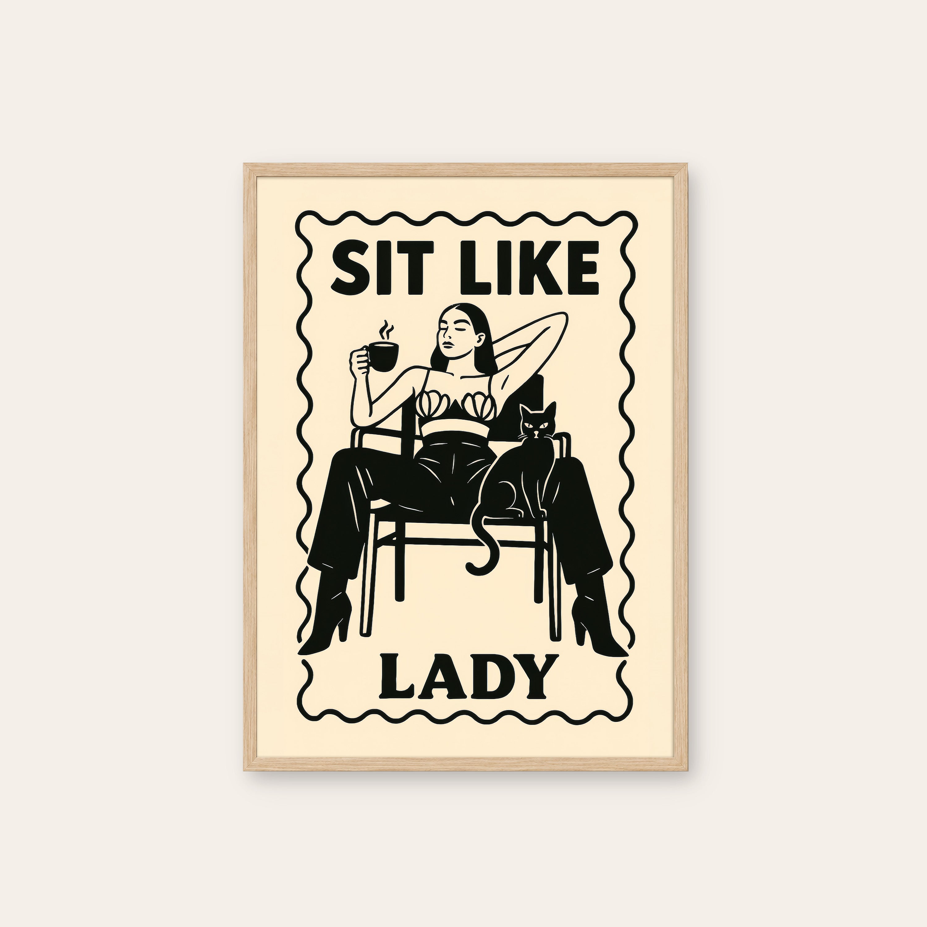 Sit Like a Lady — Coffee & Cat Print – natural wood frame