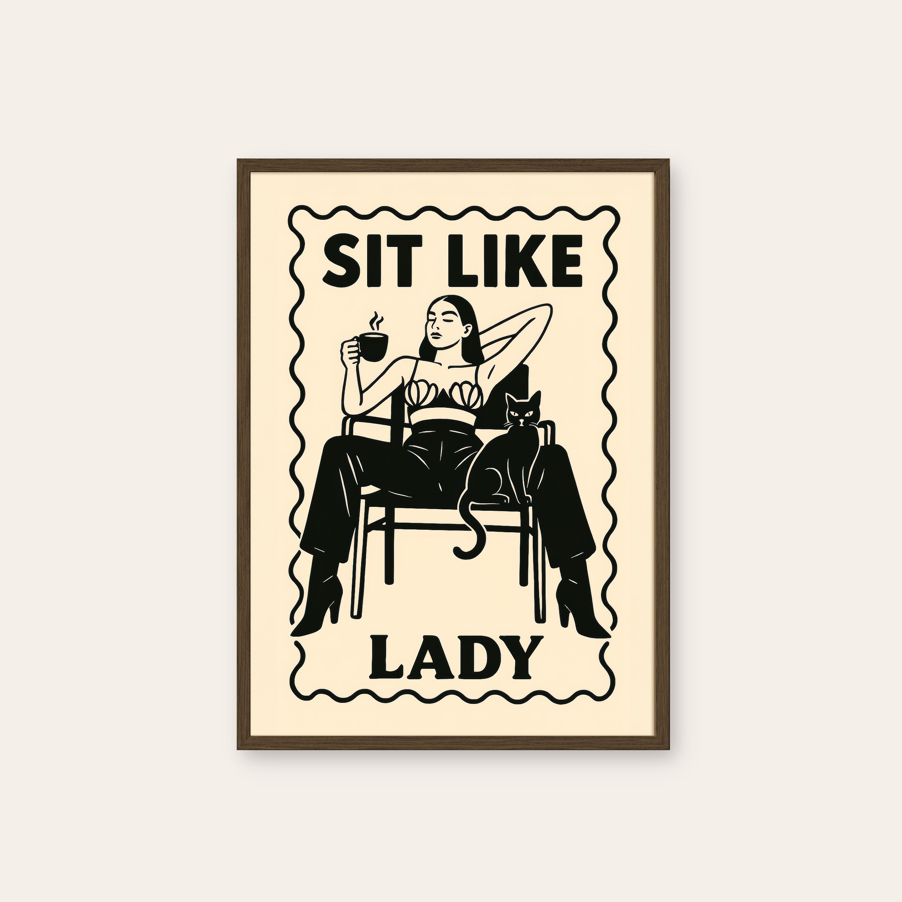 Sit Like a Lady — Coffee & Cat Print – dark wood frame