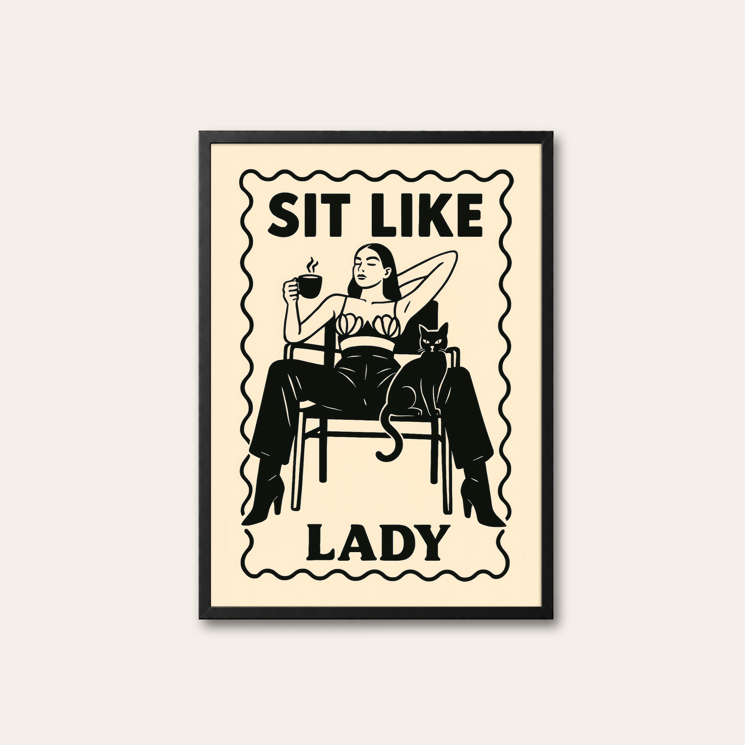 Sit Like a Lady — Coffee & Cat Print – black frame