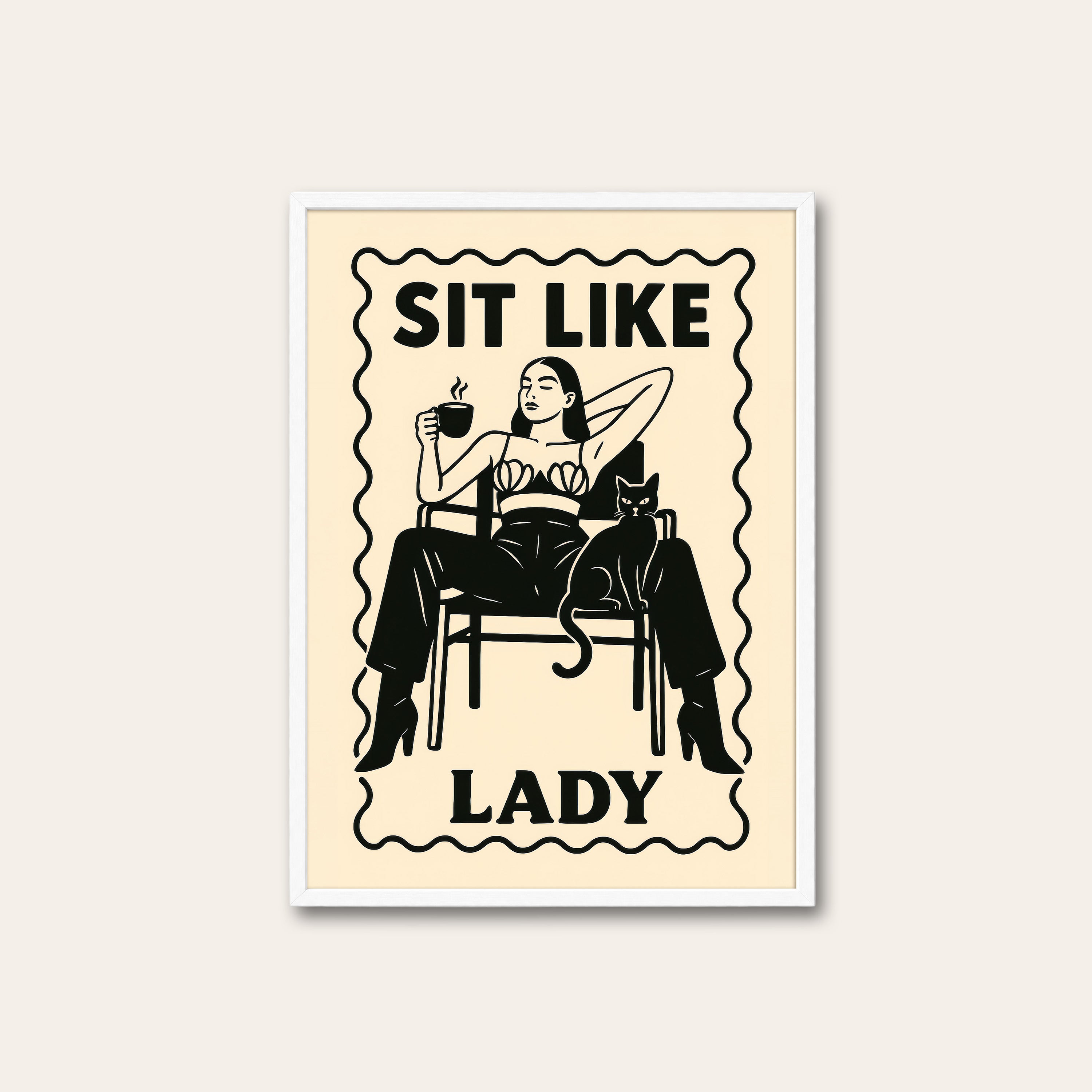 Sit Like a Lady — Coffee & Cat Print – white frame