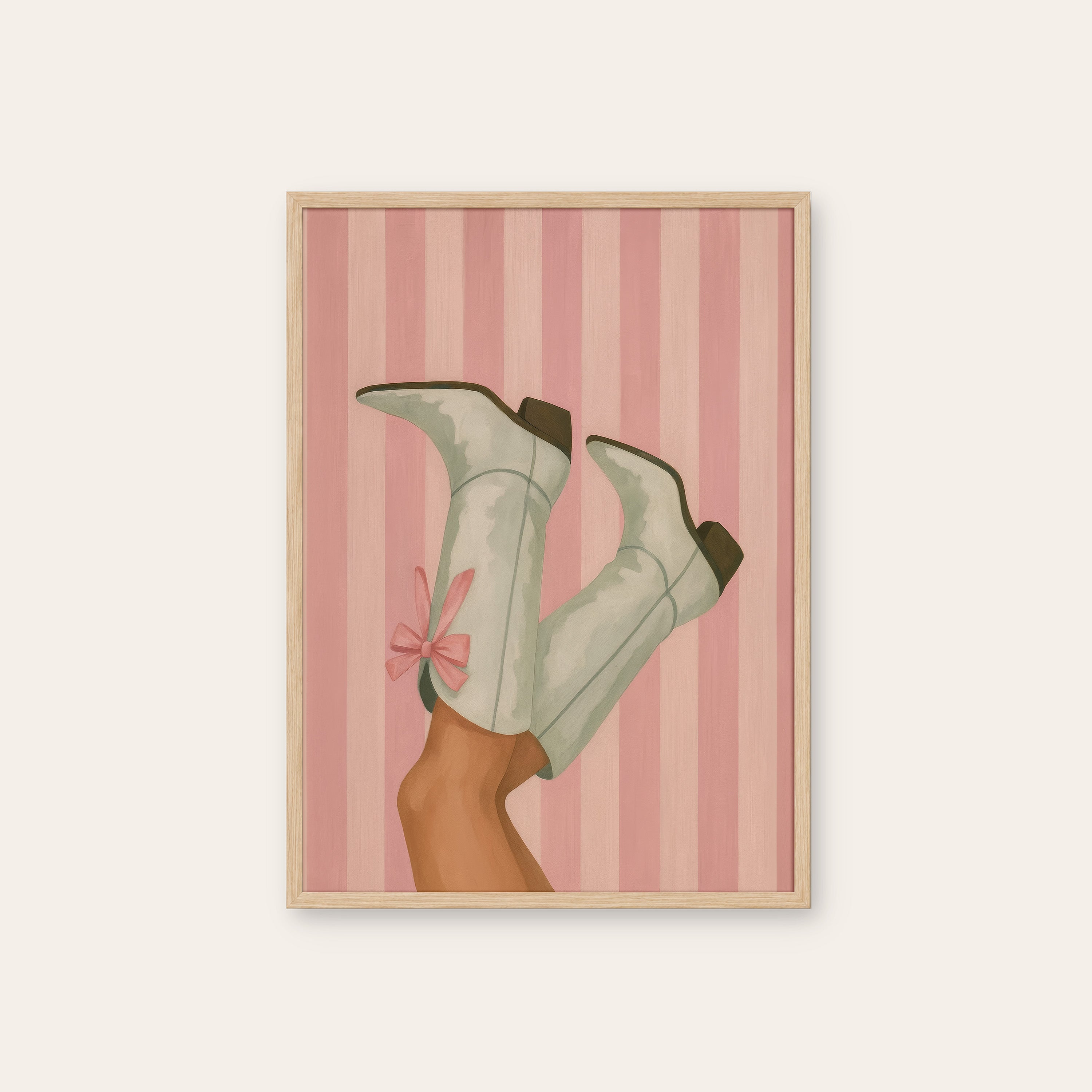 Boots Up — Pink Stripe Print – natural wood frame