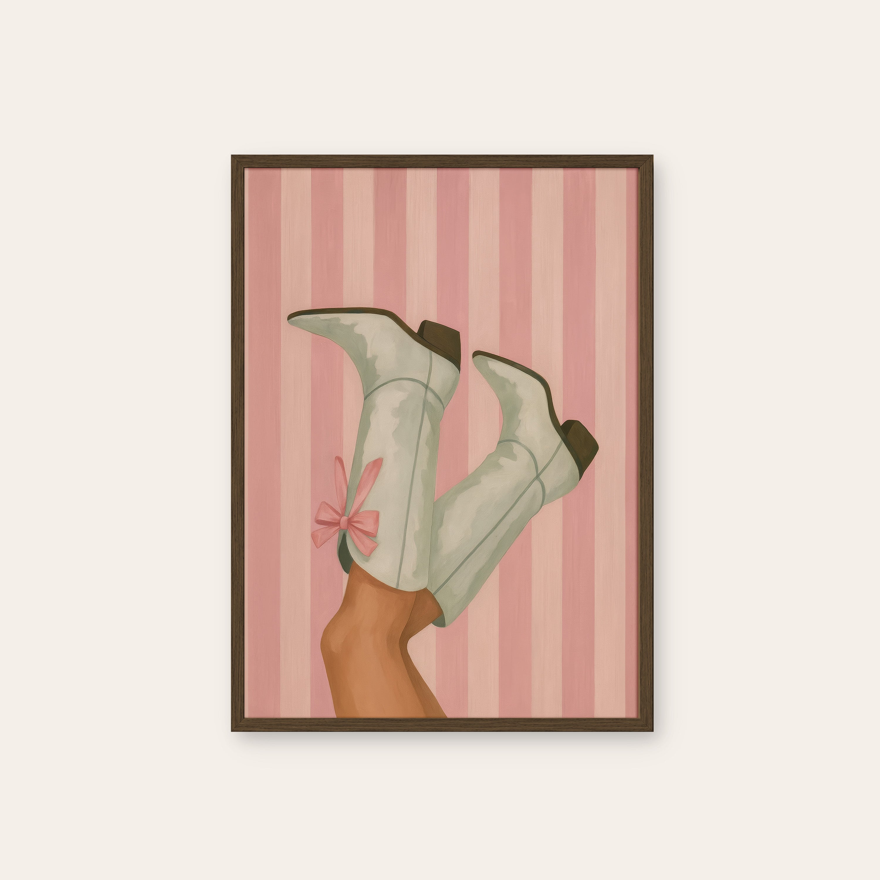 Boots Up — Pink Stripe Print – dark wood frame