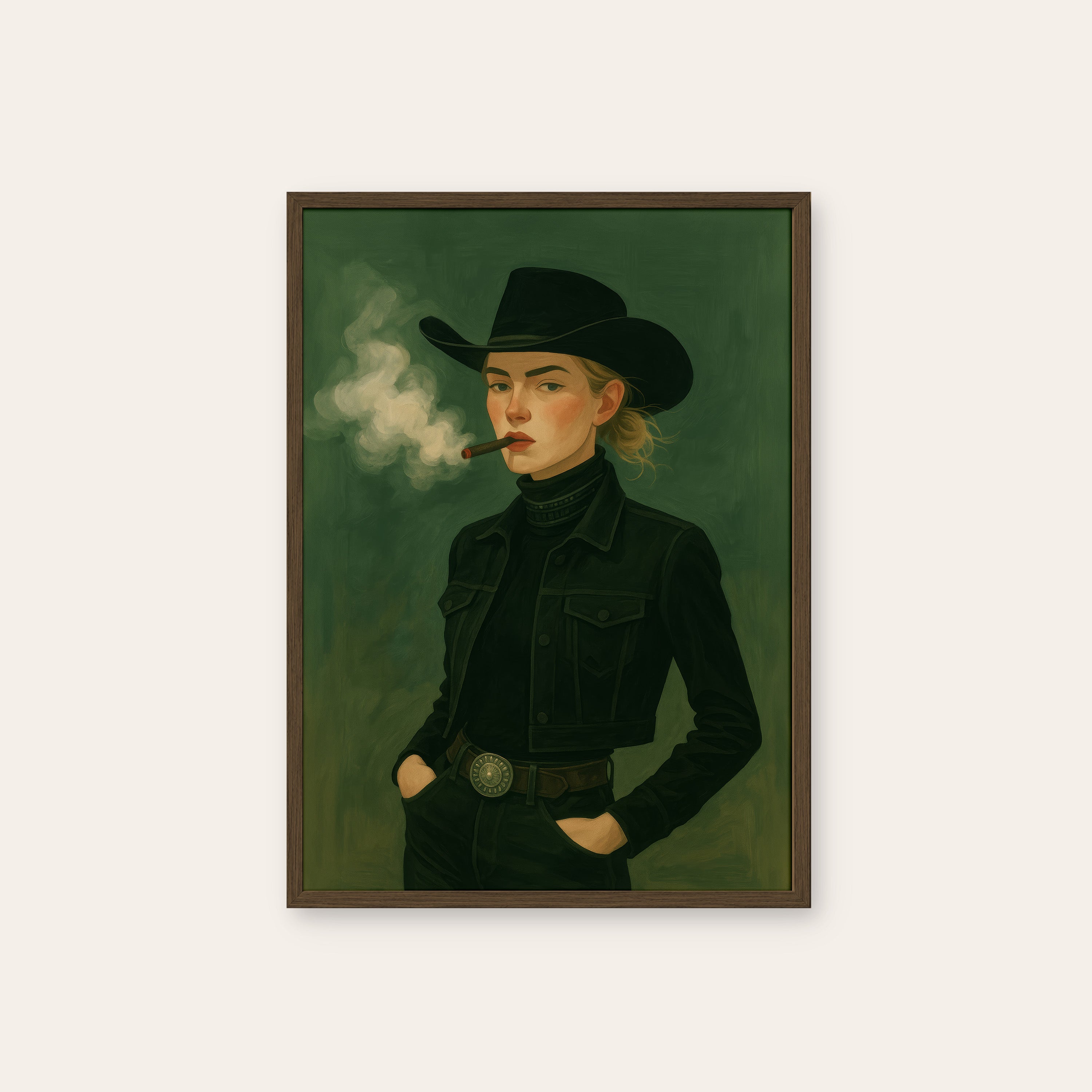 Smoke Ring Cowgirl — Portrait Print – dark wood frame
