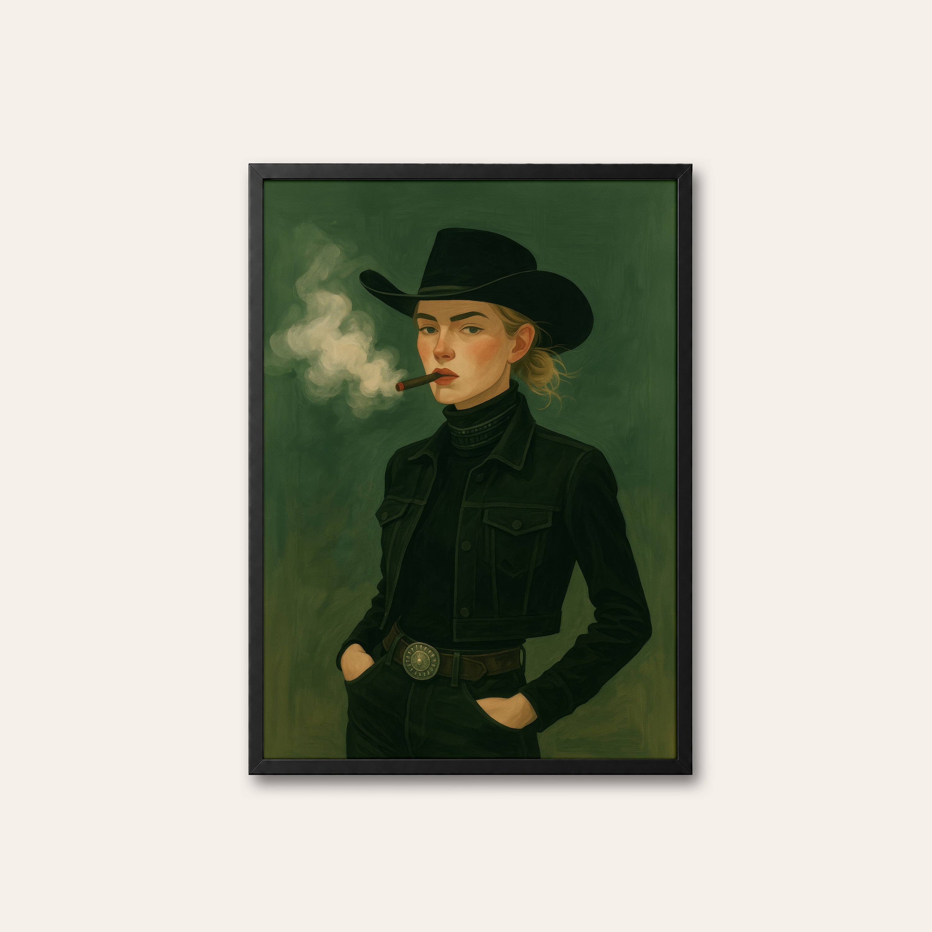 Smoke Ring Cowgirl — Portrait Print – black frame