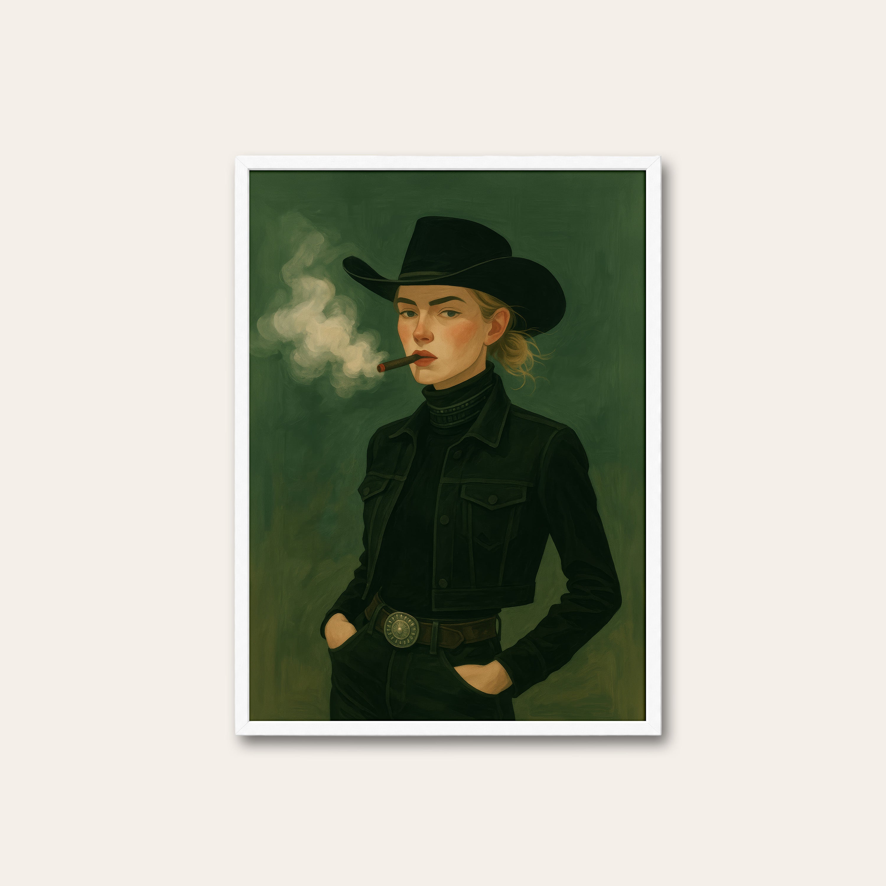 Smoke Ring Cowgirl — Portrait Print – white frame