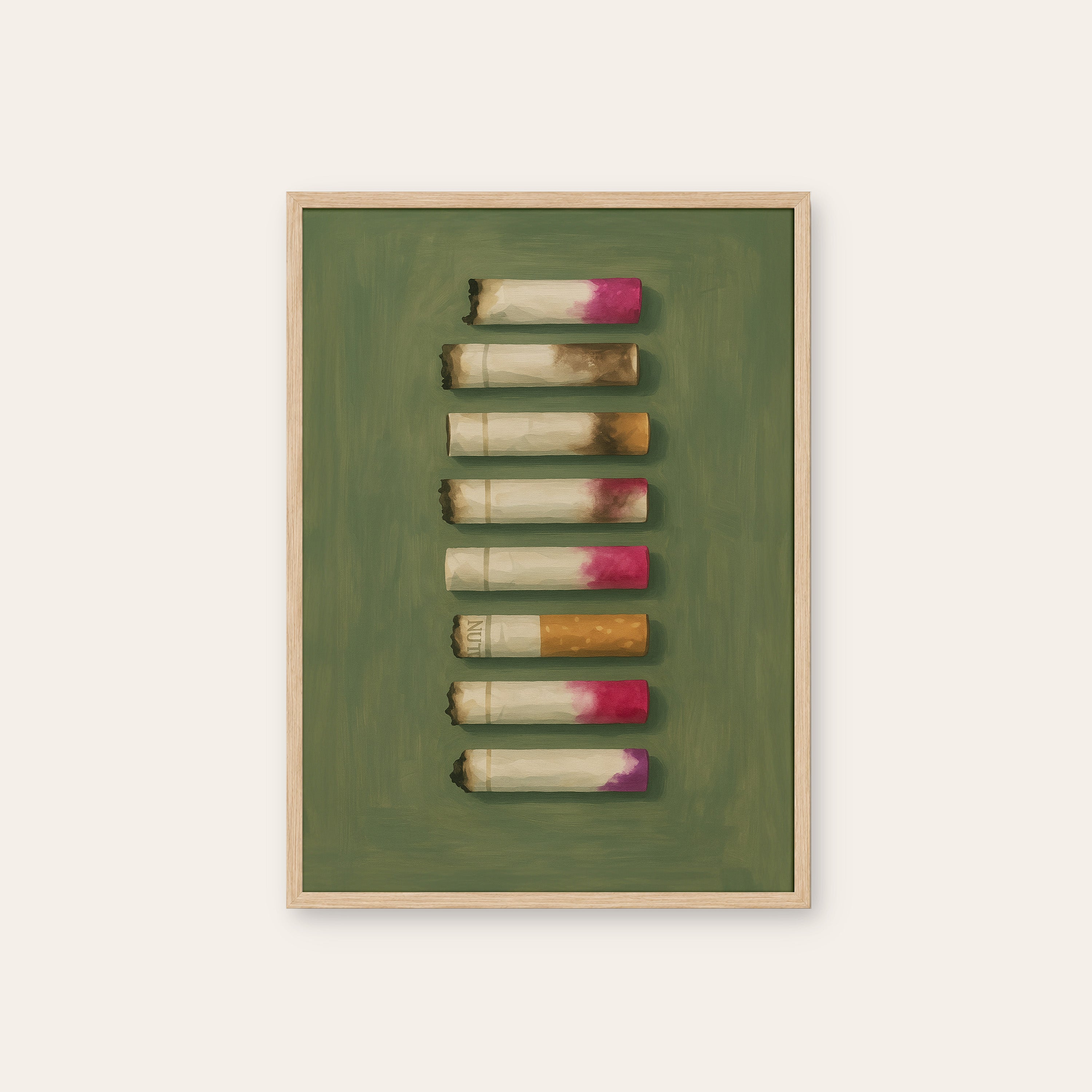 Lipstick Traces — Cigarette Row Print – natural wood frame