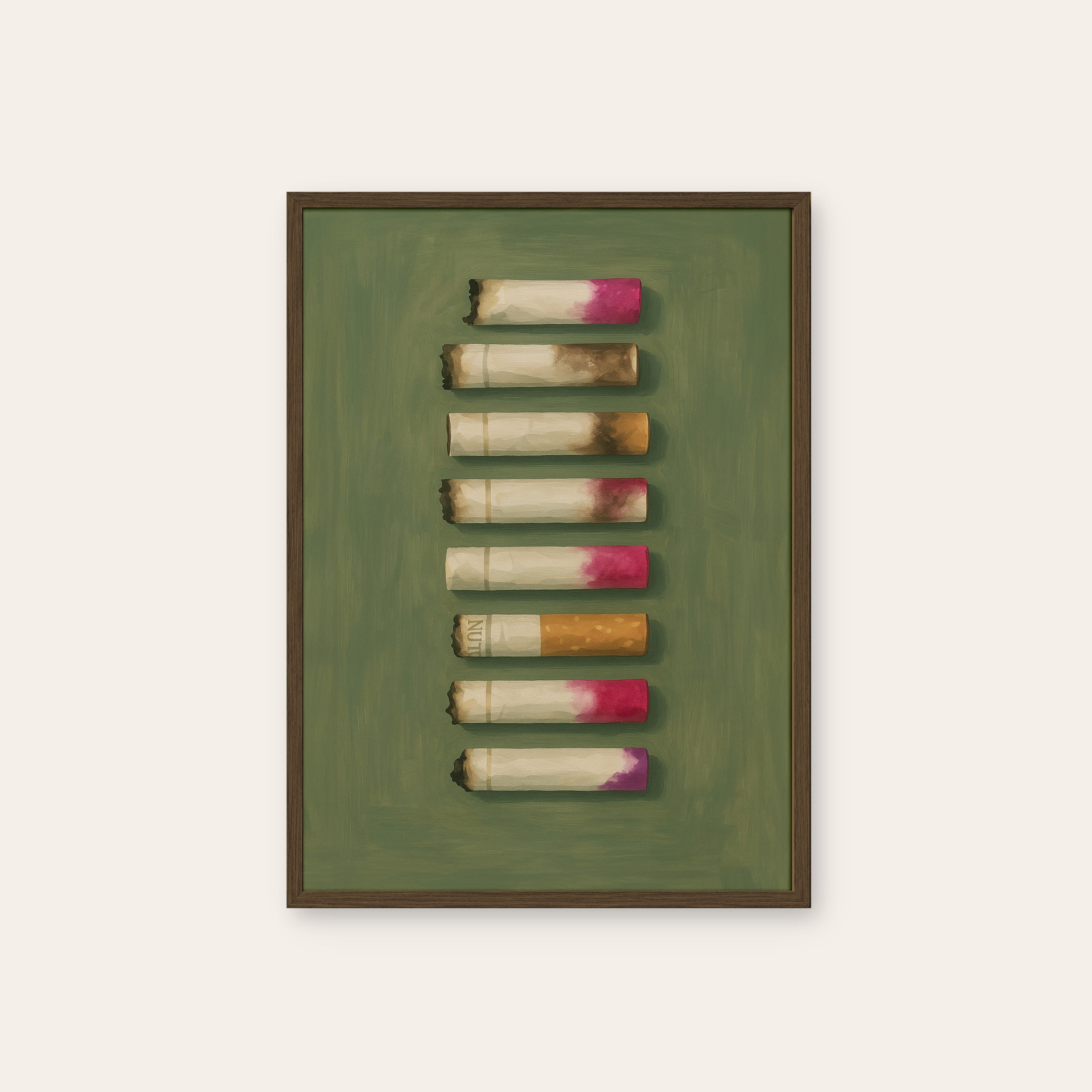 Lipstick Traces — Cigarette Row Print – dark wood frame