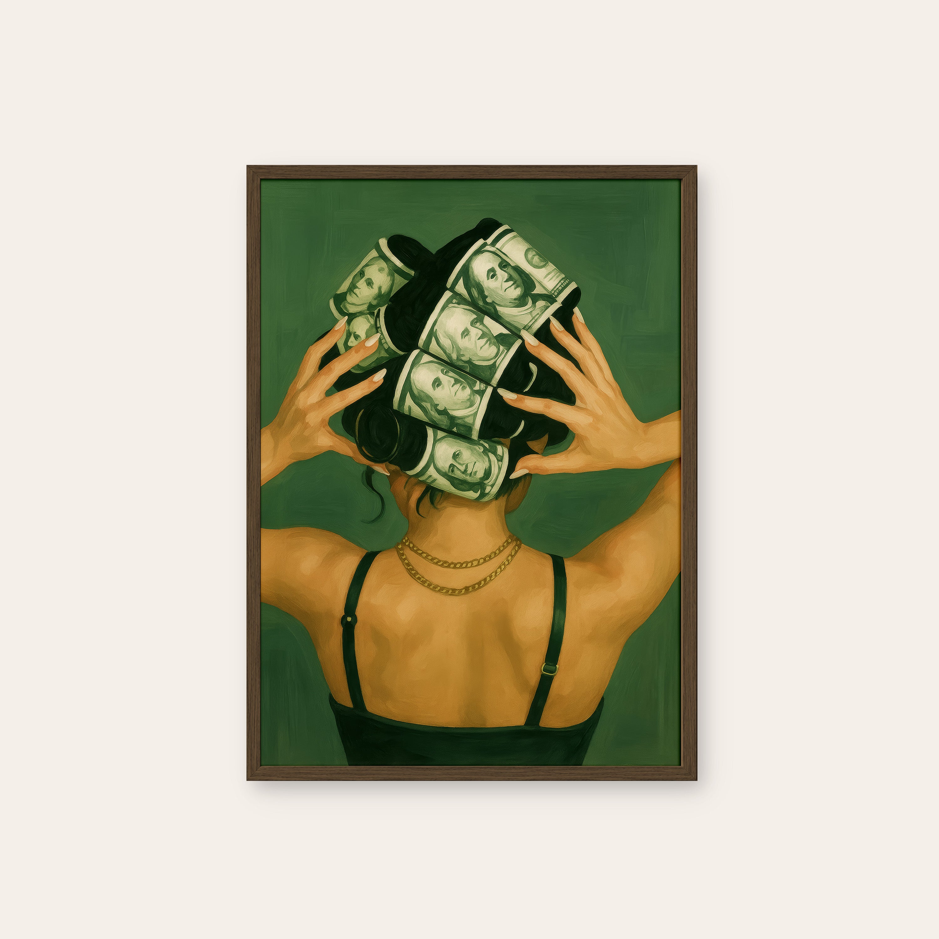 Money Curlers — Glam Art Print – dark wood frame