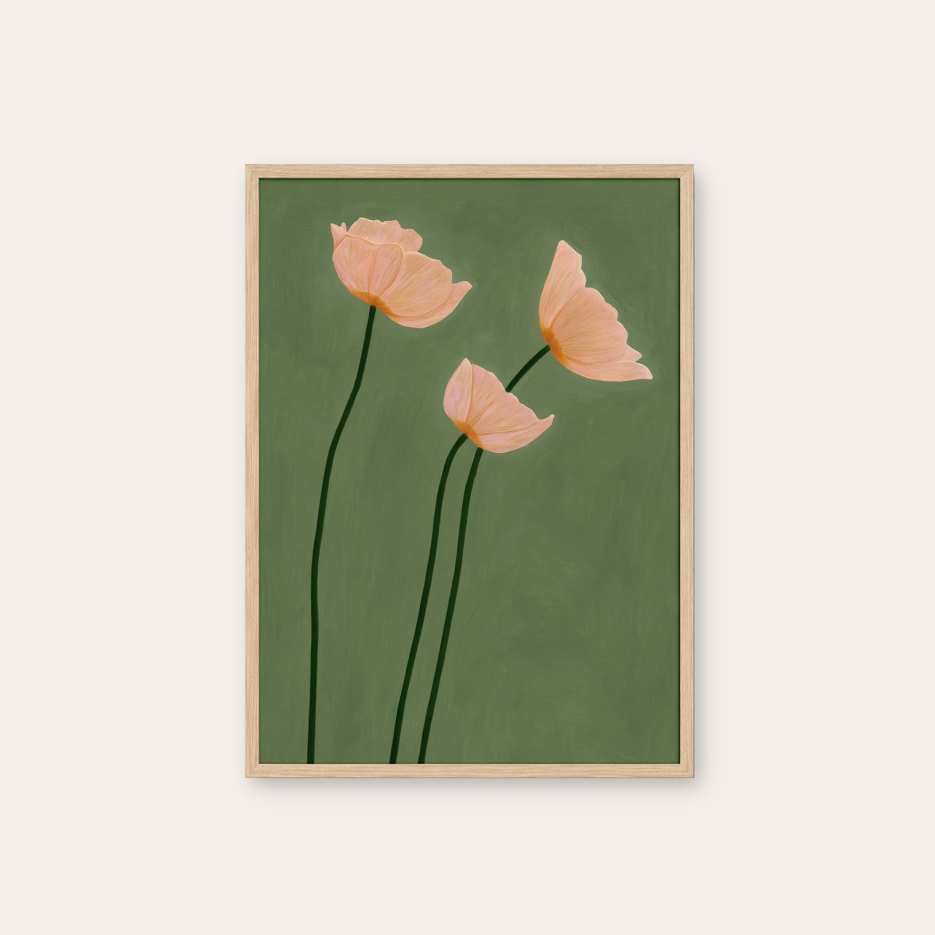 Three Poppies — Sage Botanical Print – natural wood frame