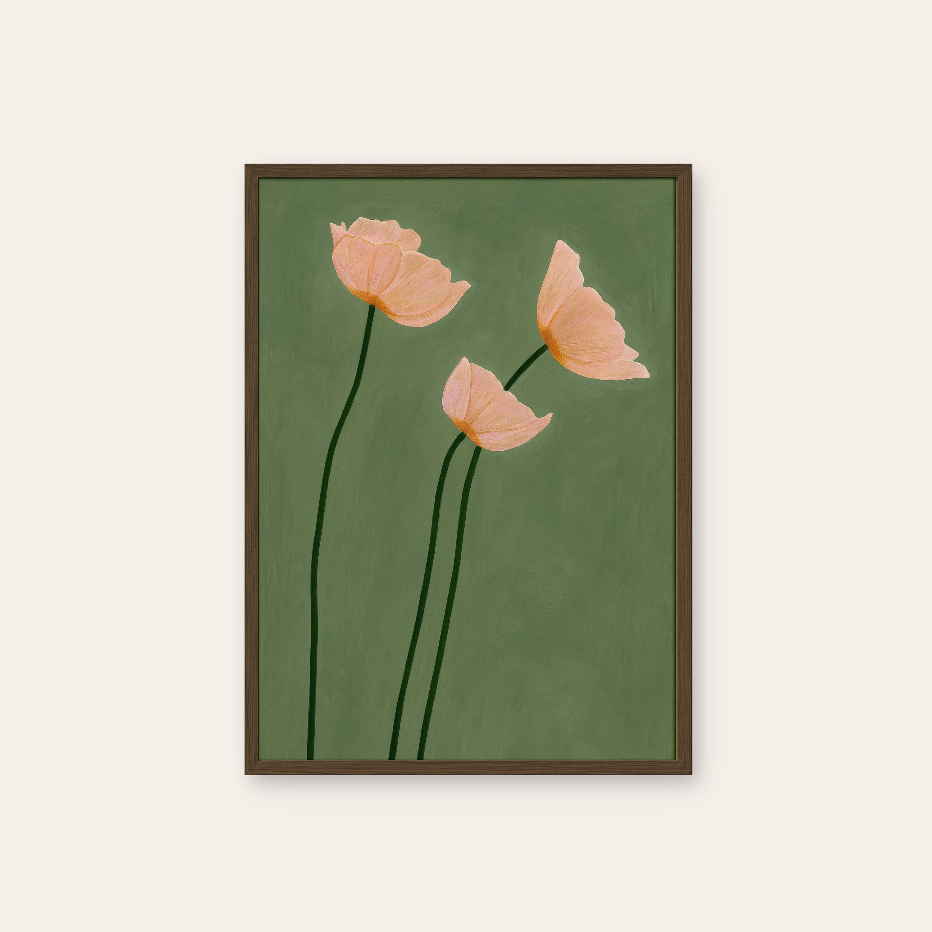 Three Poppies — Sage Botanical Print – dark wood frame