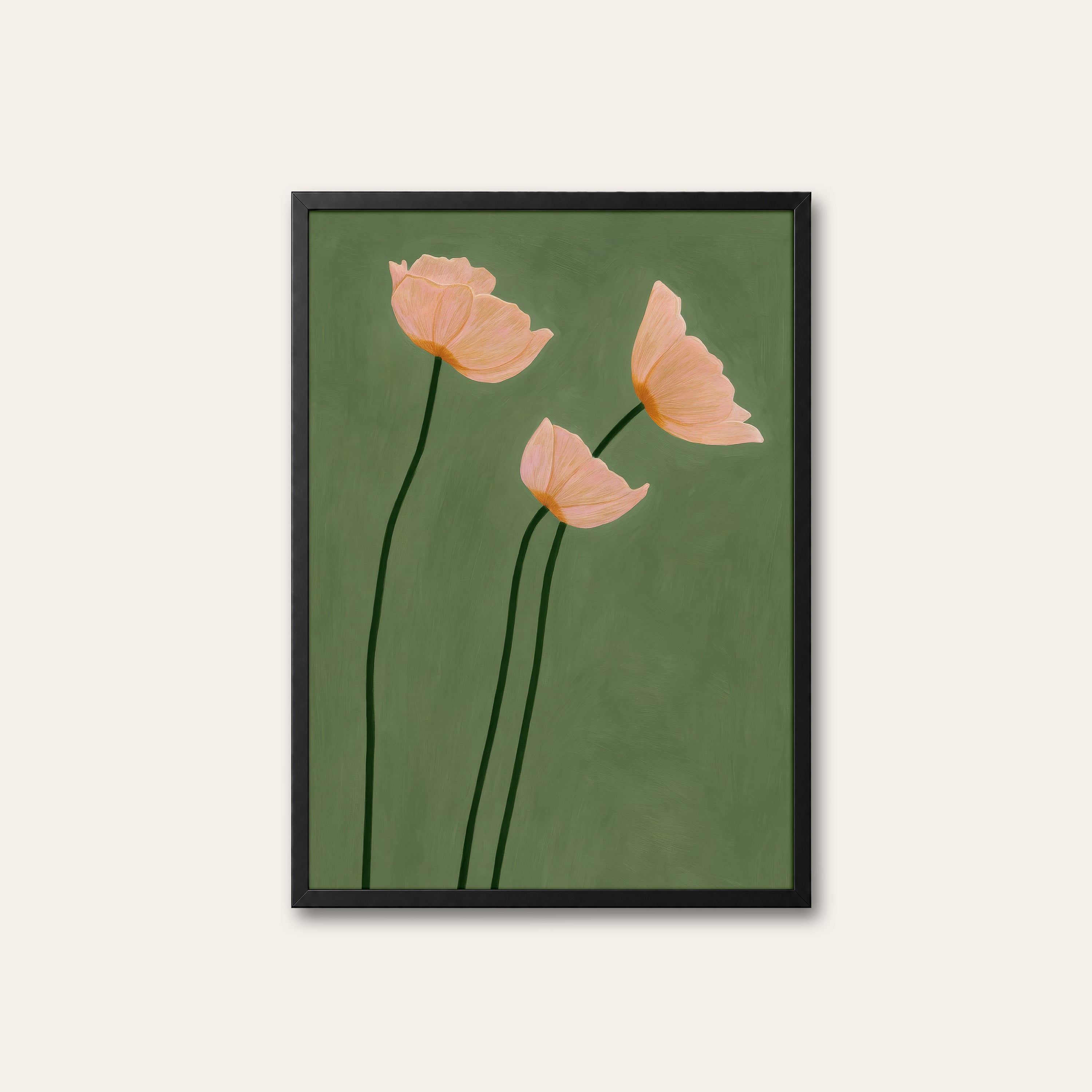 Three Poppies — Sage Botanical Print – black frame