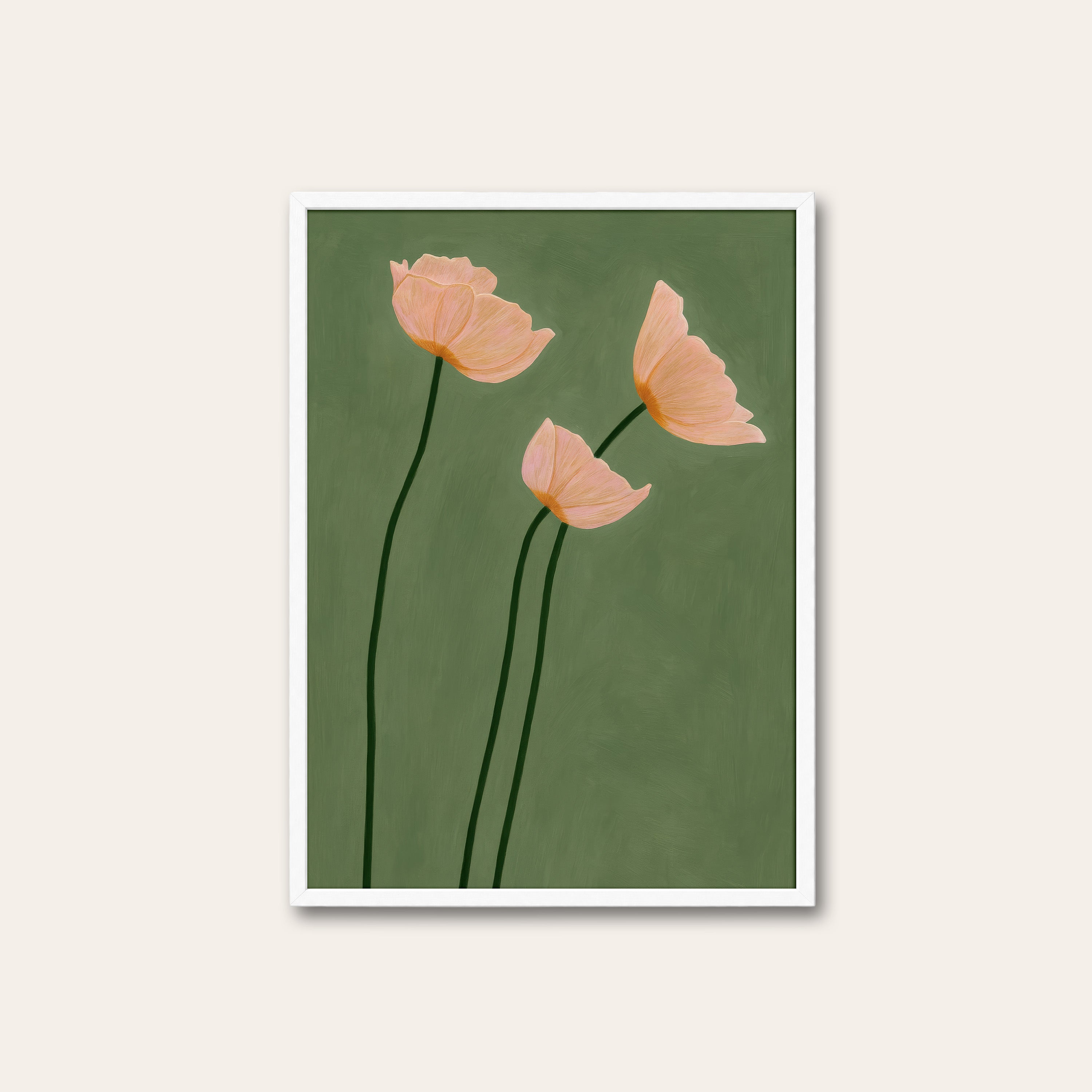 Three Poppies — Sage Botanical Print – white frame