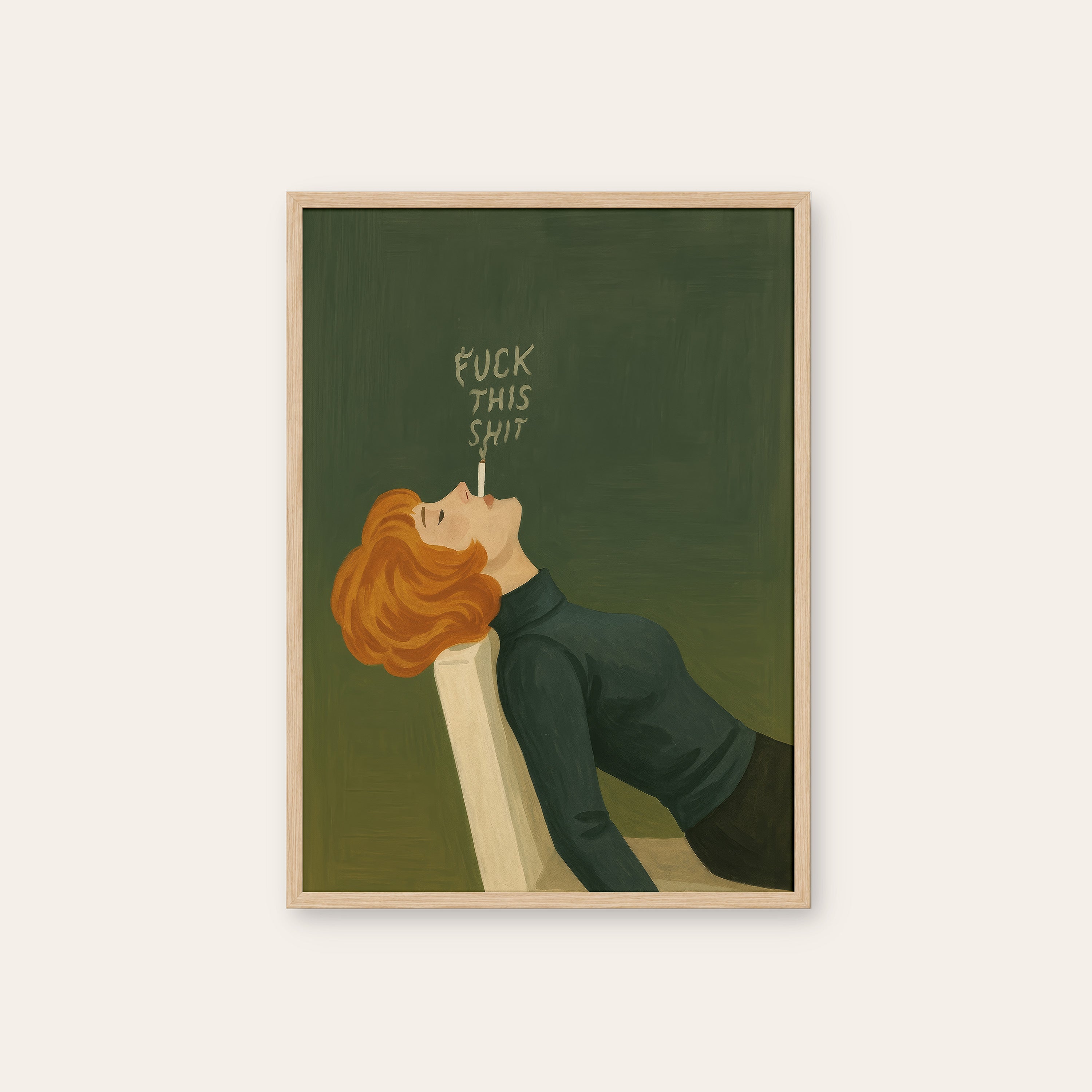 The Long Sigh — Dramatic Recline Print – natural wood frame
