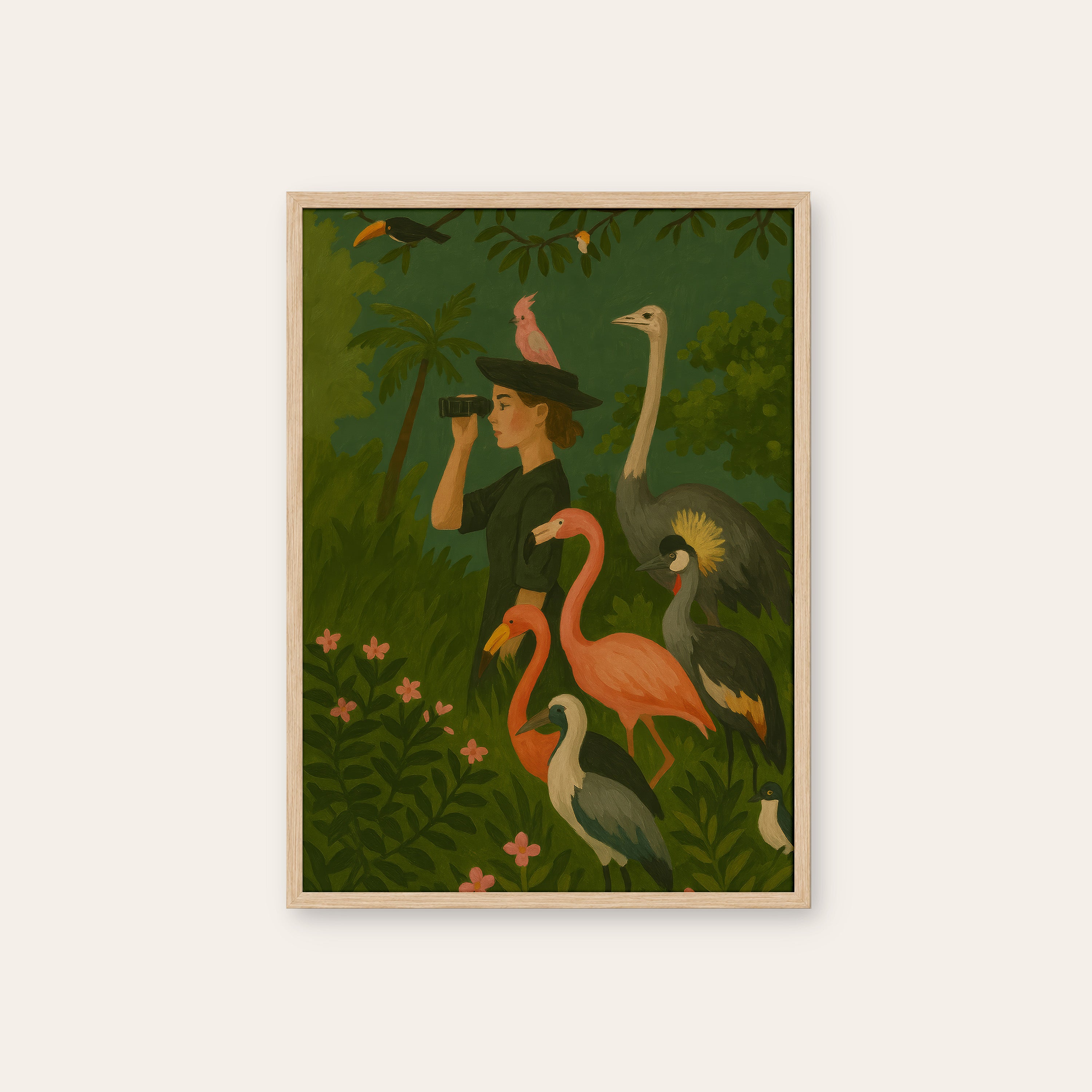 The Birdwatcher — Jungle Print – natural wood frame