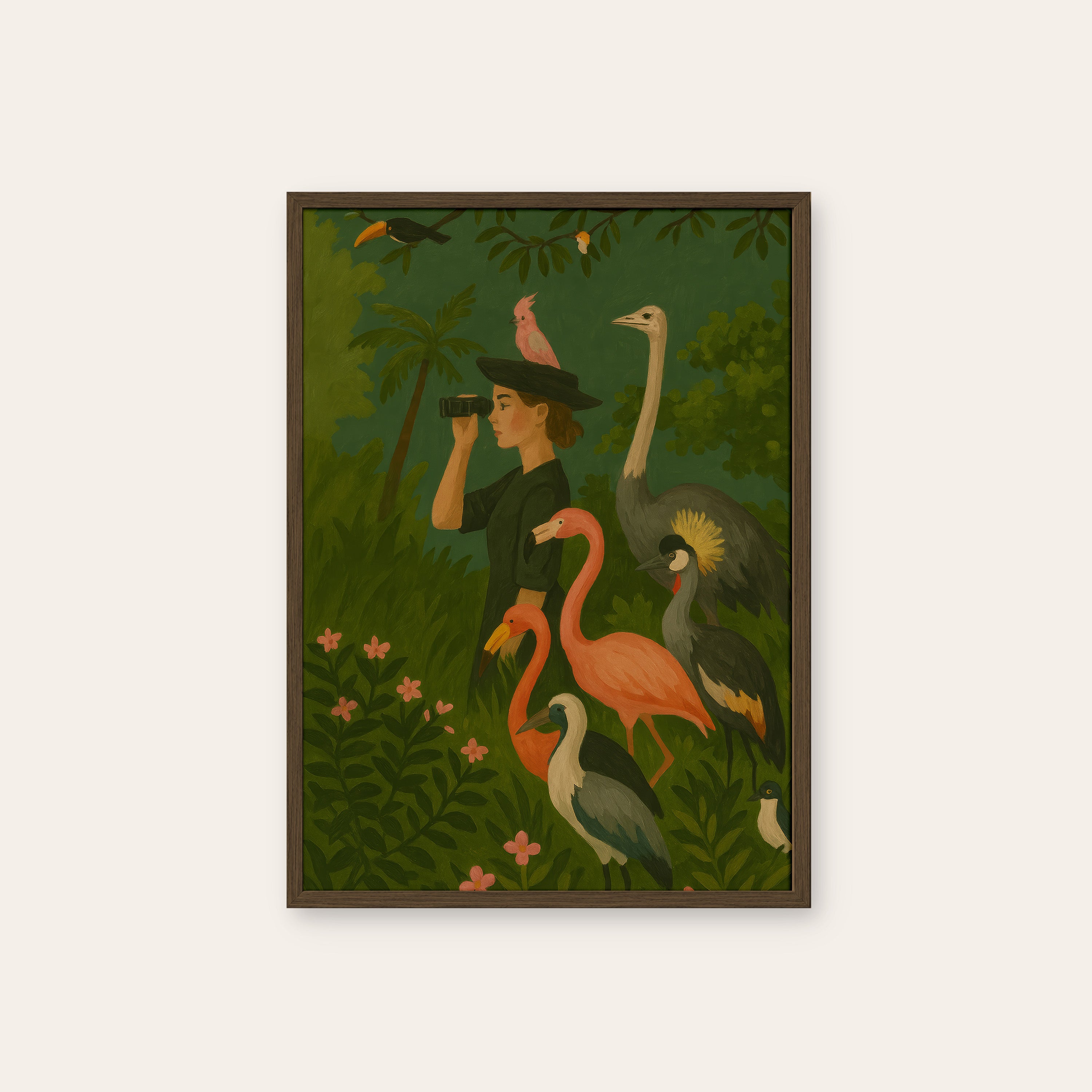 The Birdwatcher — Jungle Print – dark wood frame