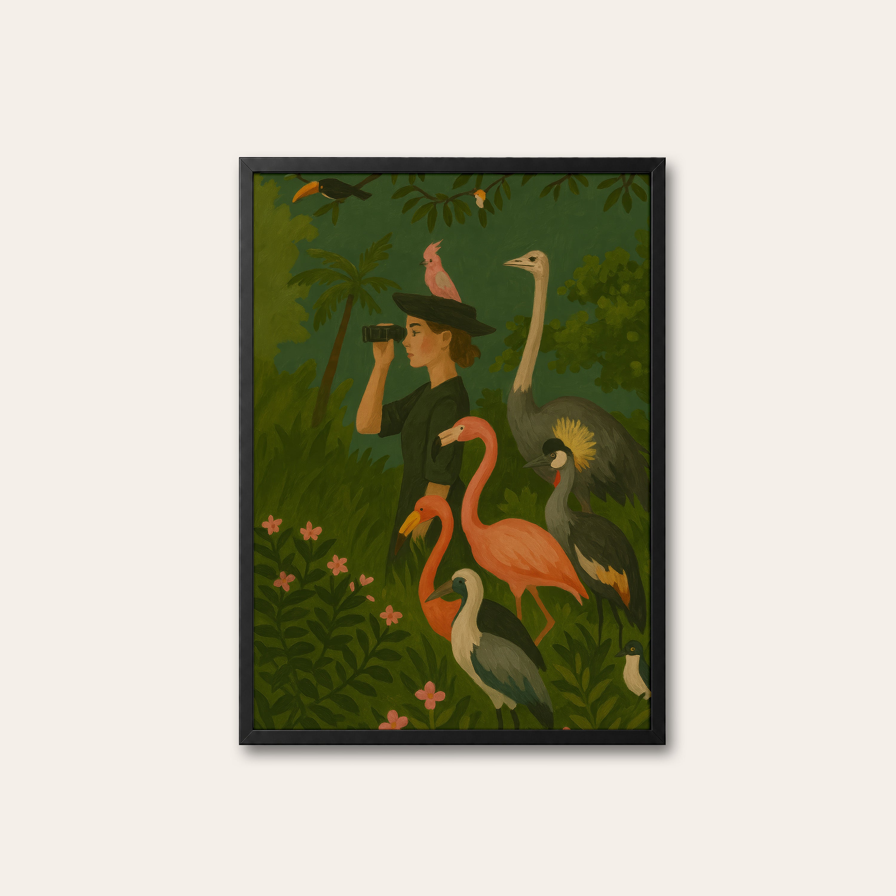 The Birdwatcher — Jungle Print – black frame