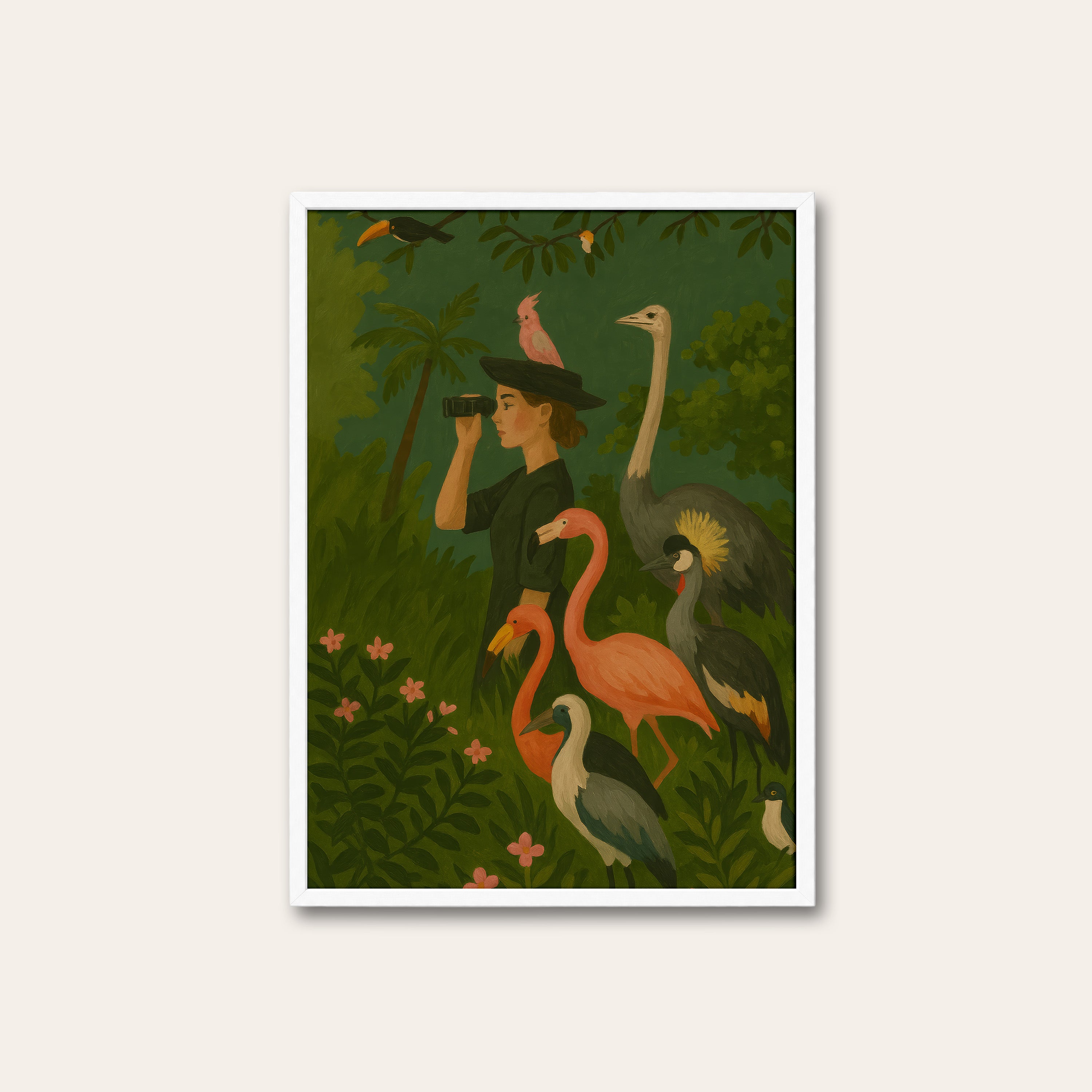 The Birdwatcher — Jungle Print – white frame