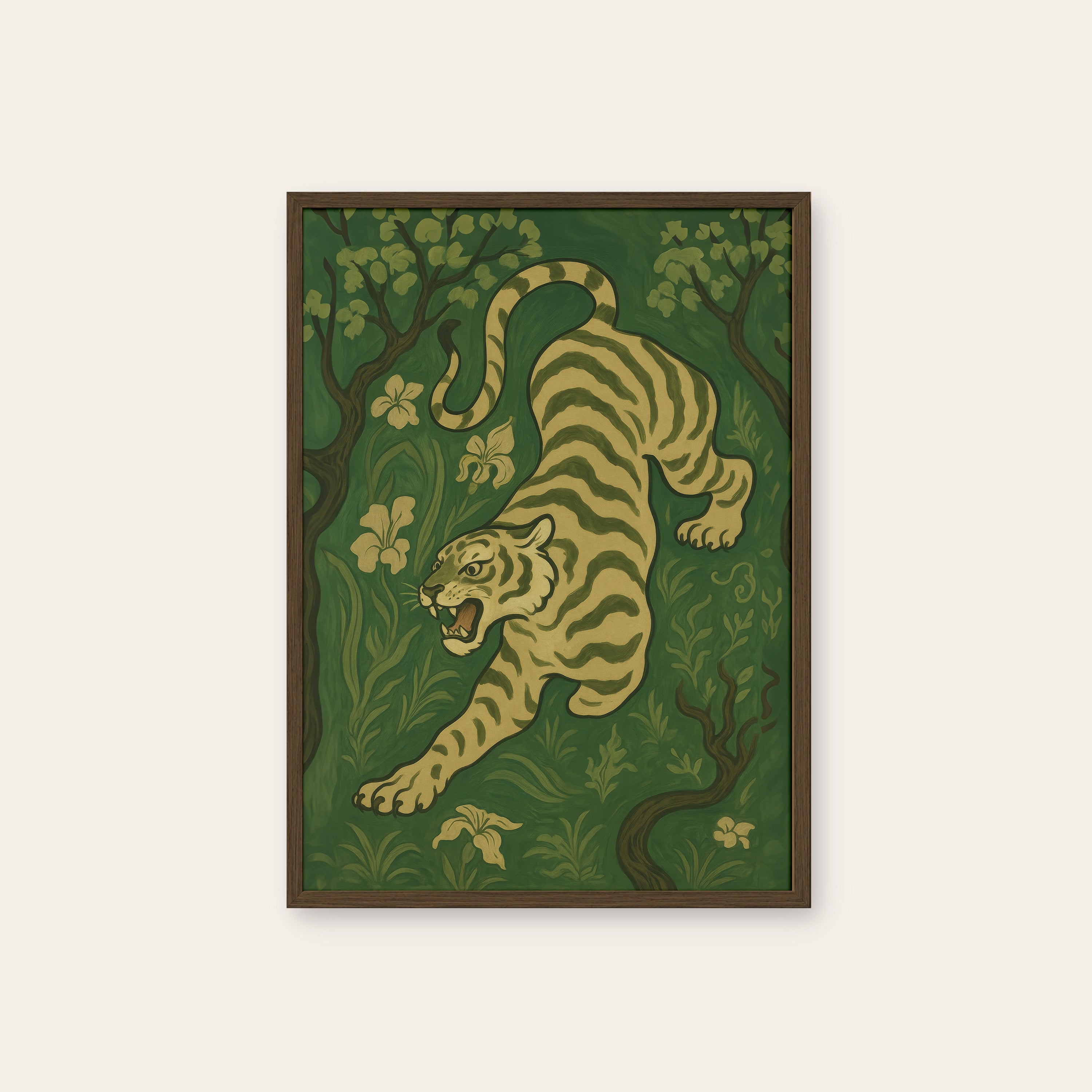 Jungle Prowl — Ornament Tiger Print – dark wood frame